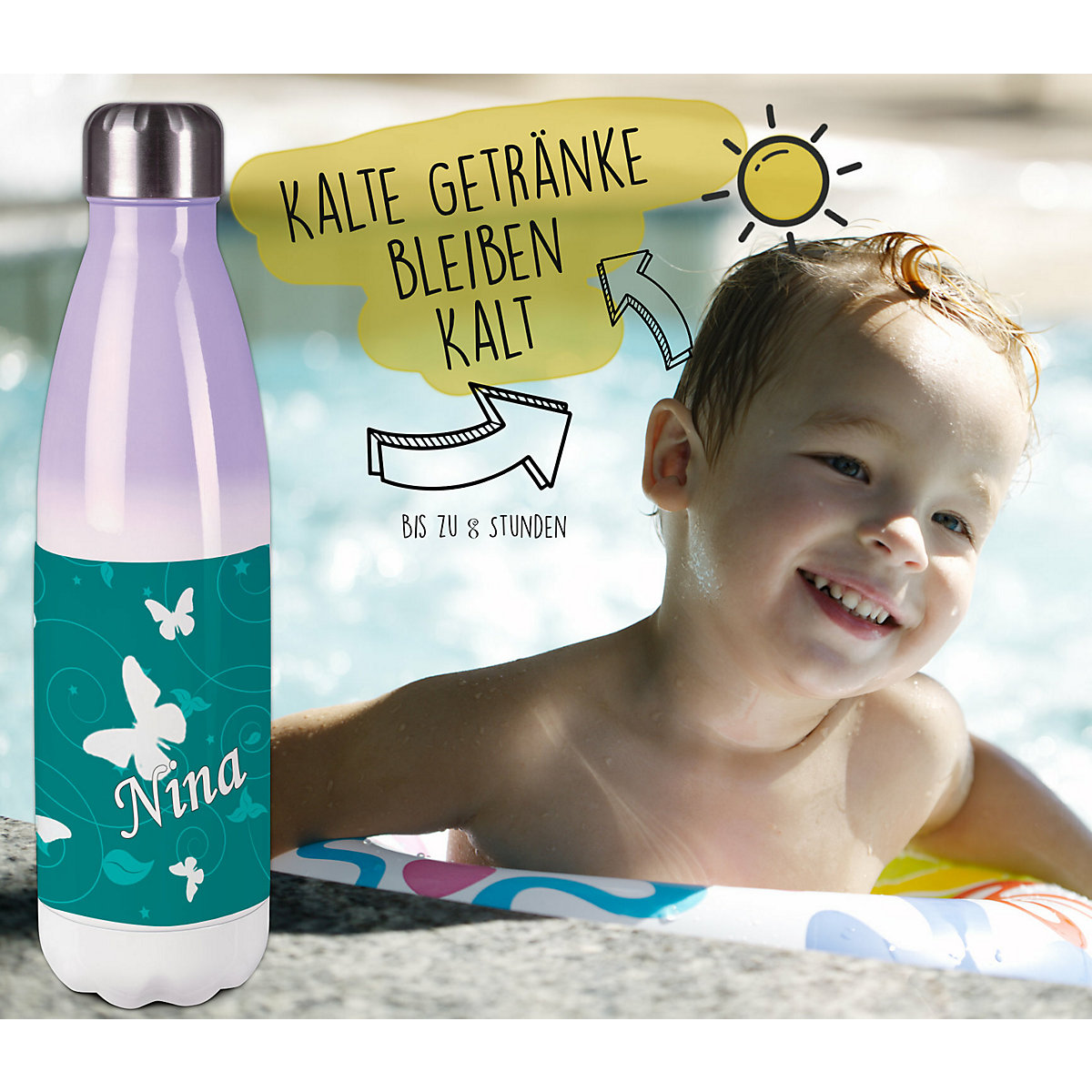 Edelstahl Kinder Thermoflasche / Trinkflasche bunt Schmetterling Ornamente Farbe petrol Spülmaschinenfest, Auslaufsicher, Bruchfest, Doppelwandig, Für Heißgetränke geeignet, Mit Deckel, Isoliert