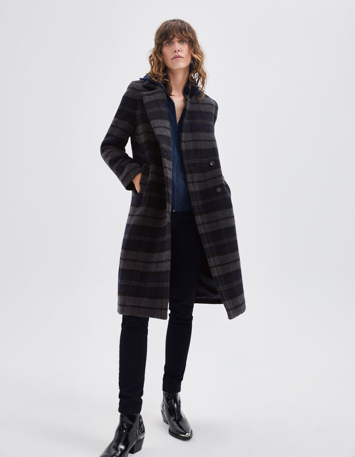 Manteau long gris à motif carreaux Femme