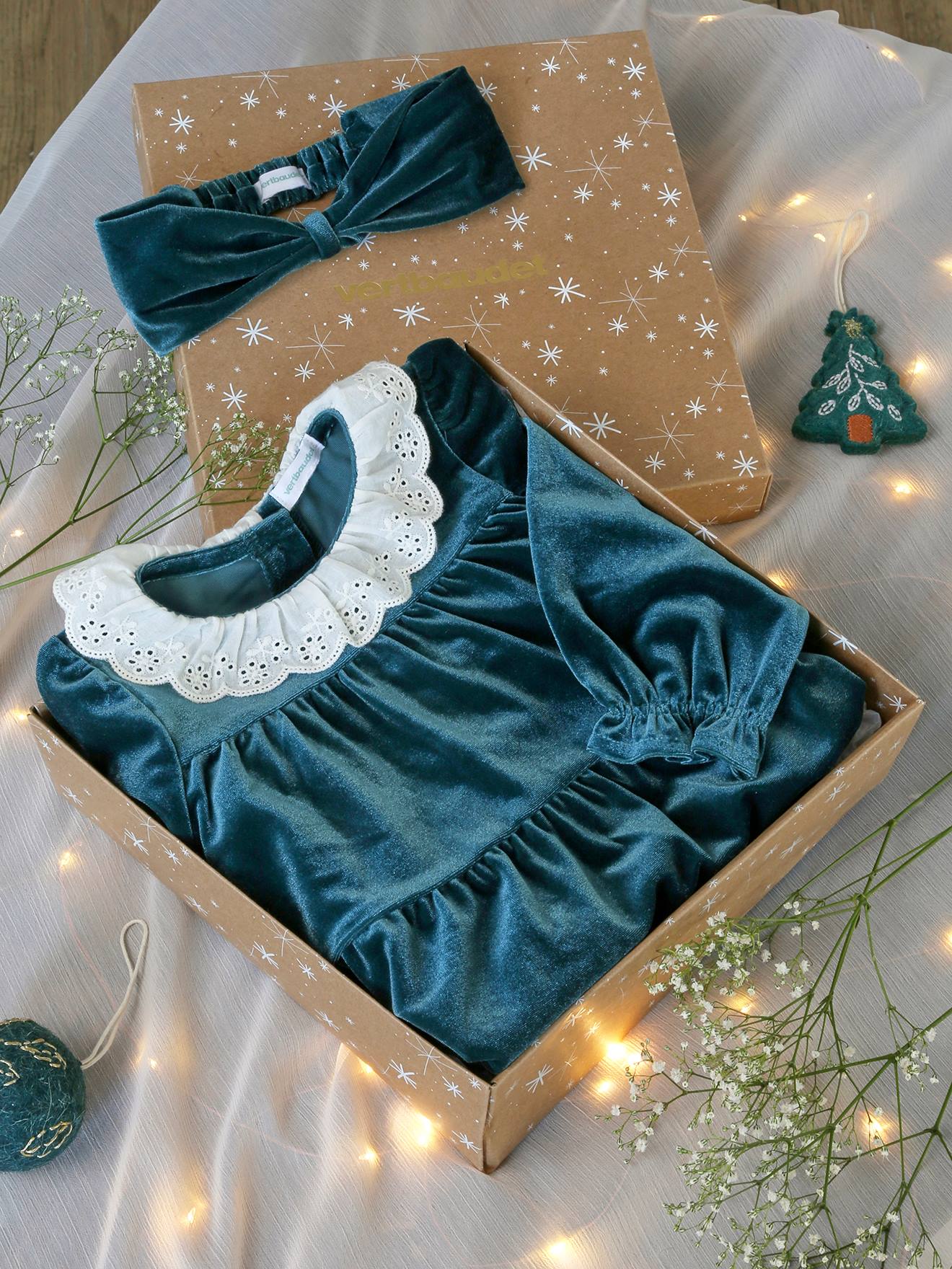 Vertbaudet Mädchen Baby Weihnachts-Geschenkset: Samtkleid & Haarband - smaragdgrün