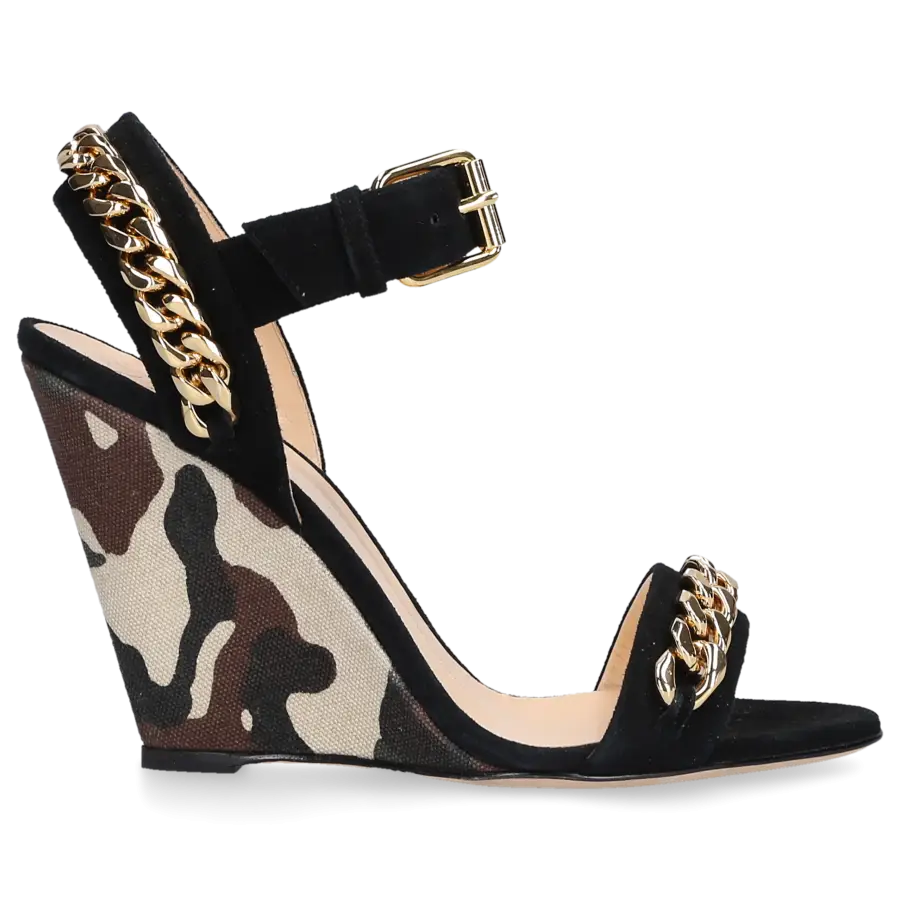 Giuseppe Zanotti - Keilsandalen Coline Knöchelriemchen Veloursleder schwarz Canvas Camouflage - schwarz