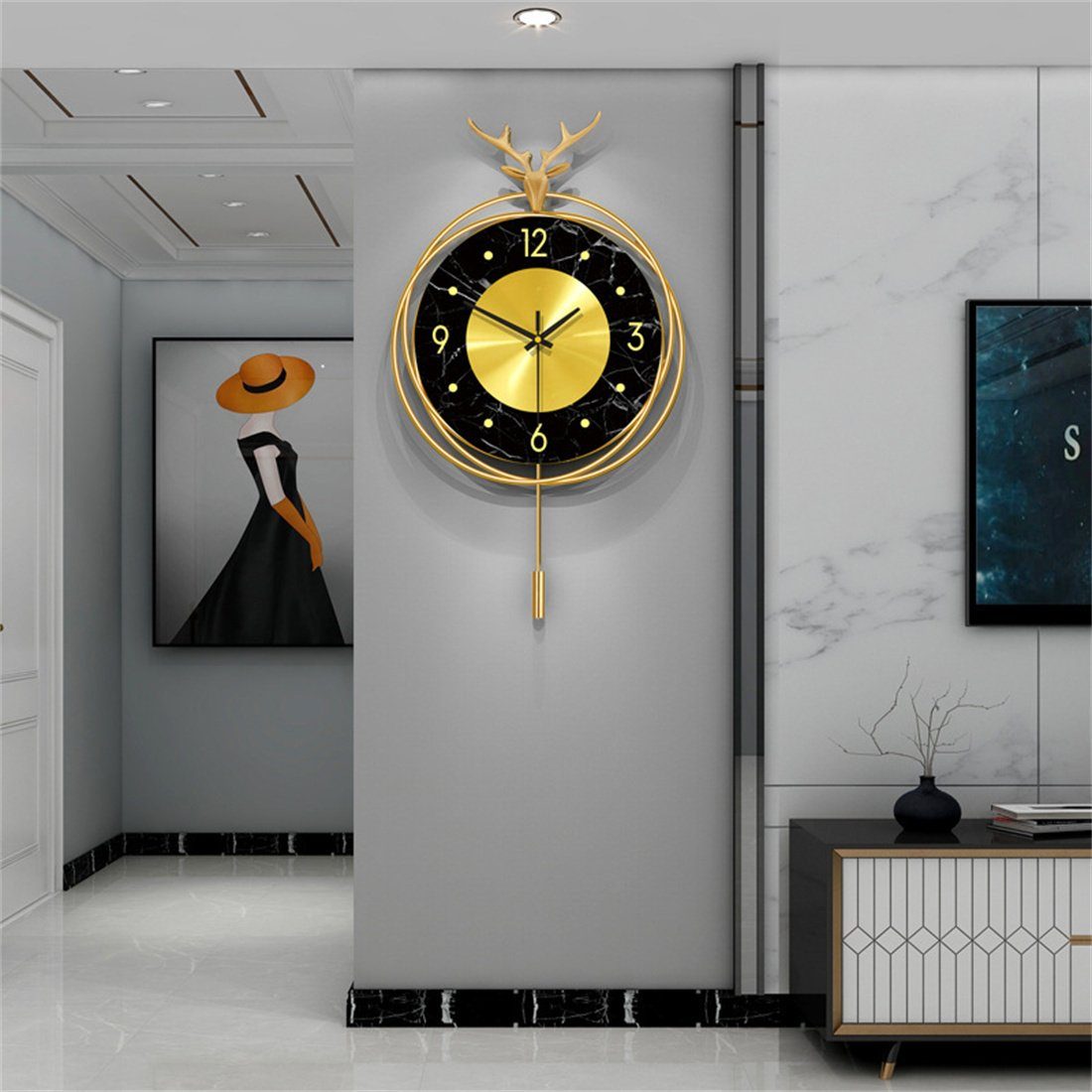 DÖRÖY Wanduhr 50CM Hirschkopf Wanduhr für Wohnzimmer,moderne kreative stumme Wanduhr
