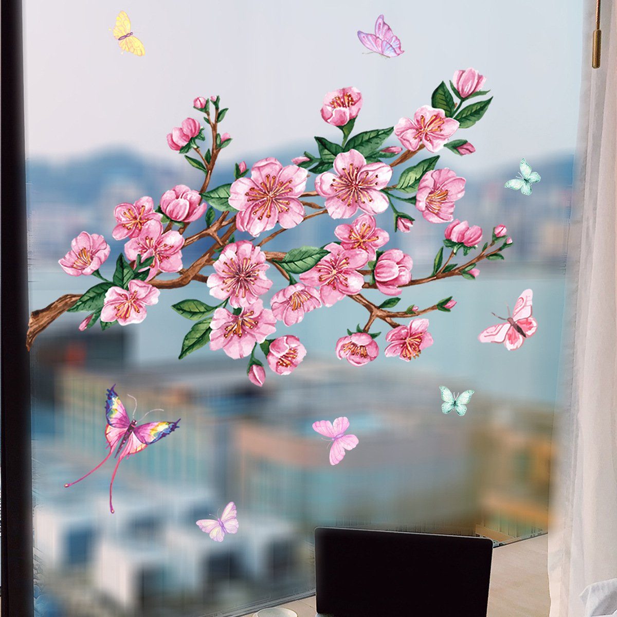 Fenstersticker Zweig-Pfirsichblüten-Schmetterlings-Fensteraufkleber, Aatrx