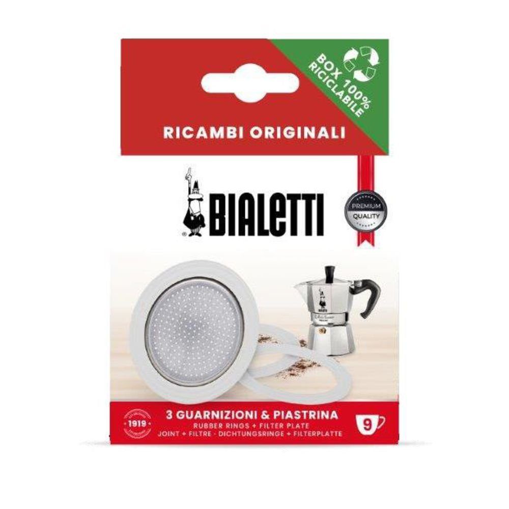 BIALETTI Espressokocher 0800035, 3 Dichtungsringe aus Kautschuk und 1 Filtersieb geeignet für Moka Express, Espressokocher, Rainbow, Fiammetta 9 Tassen, weiß