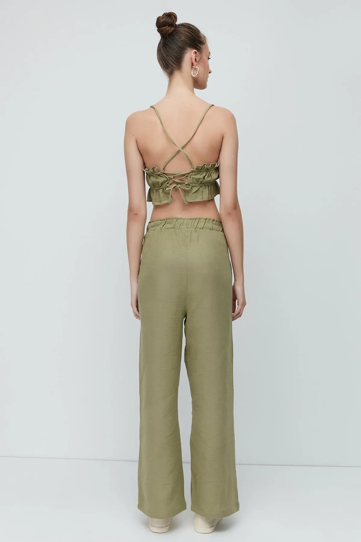 C&City  Crop-Bustier-Hosen-Set aus Bio-Baumwoll-Musselin 9124 Khaki