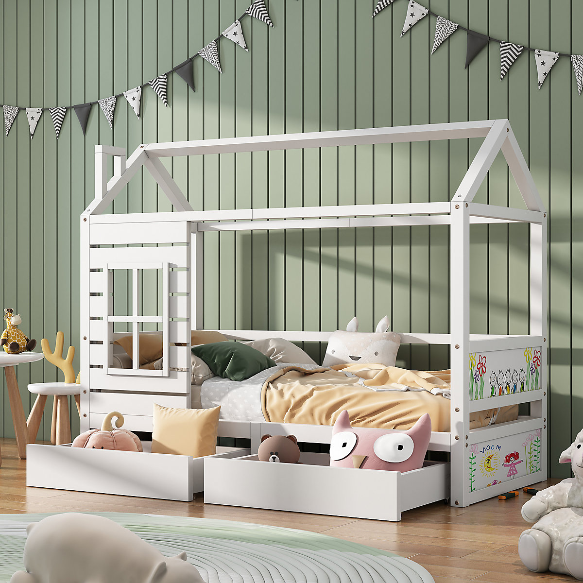 Hausbett 90x200 cm mit 2 Schubladen und Rausfallschtutz, Dach und Fenstern