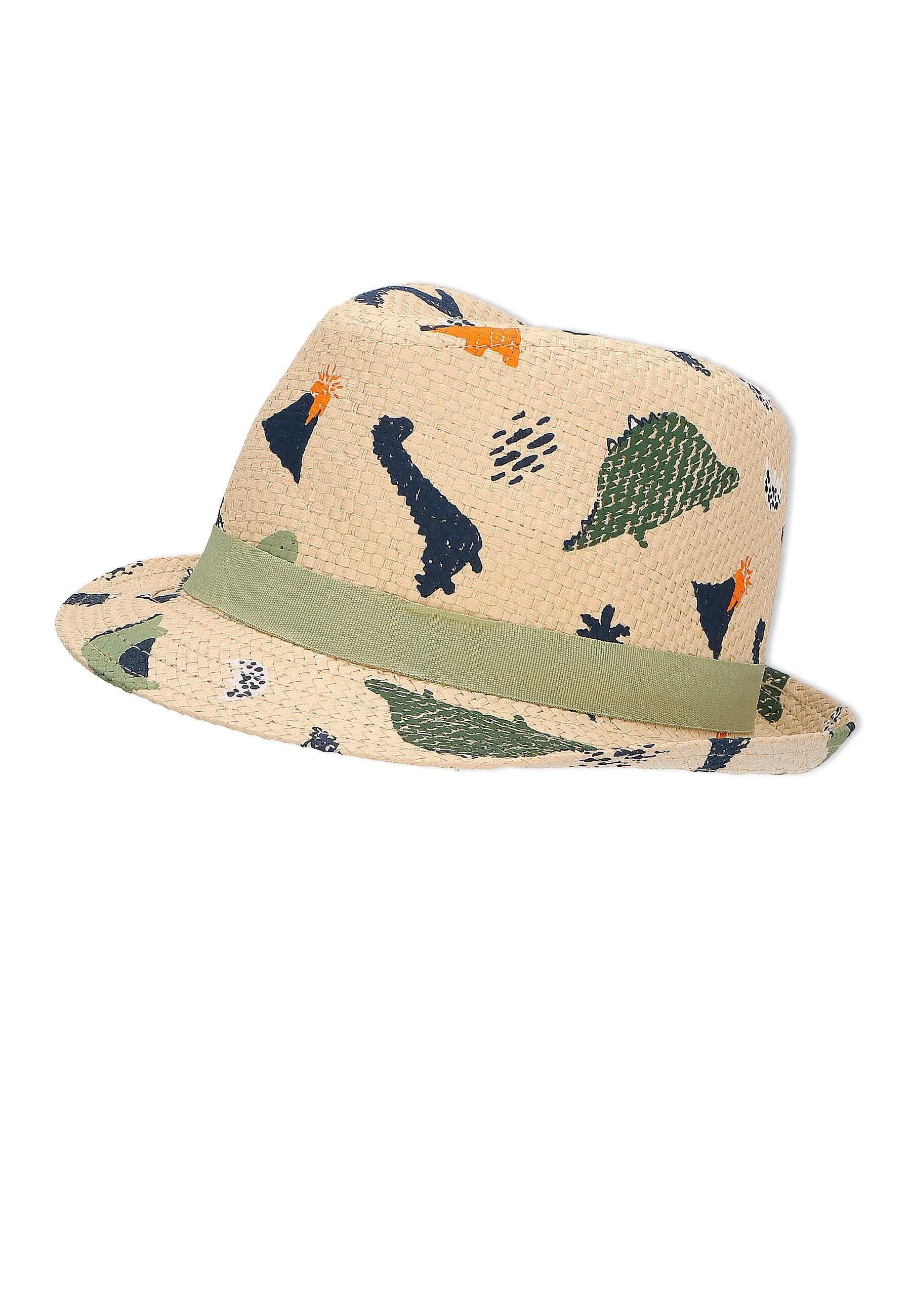 Strohhut bedruckt mit bunten Dinos, Farbe sand