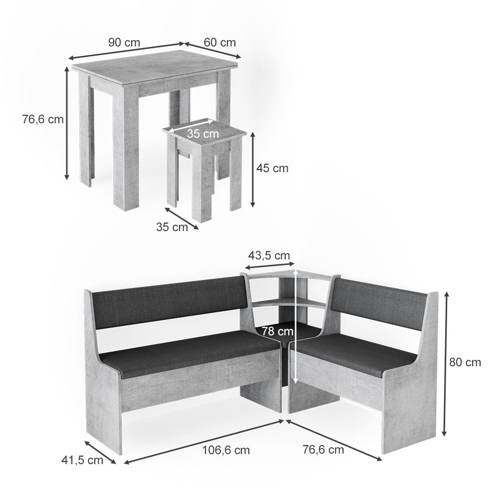 Vicco Eckbankgruppe Eckbankgruppe Esszimmergruppe ROMAN Beton, (Set, 5-tlg., 5-er Set), Ausziehbarer Tisch, mit Polsterung, Stauraum in den Sitzbänken
