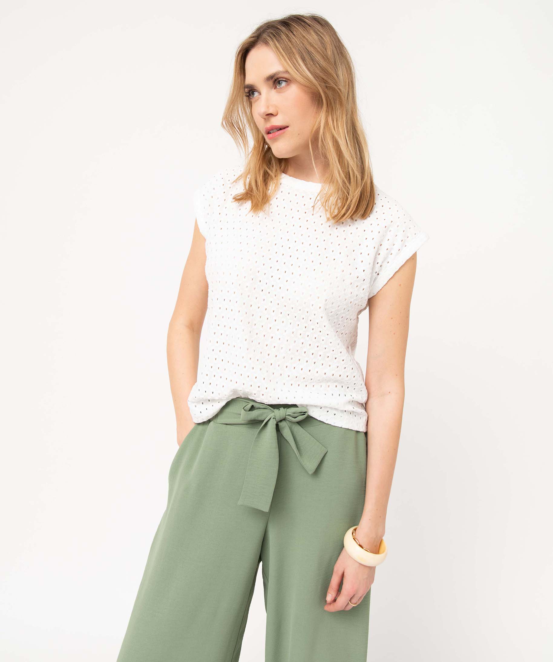 Tee-shirt femme à manches courtes en maille ajourée ecru | GEMO