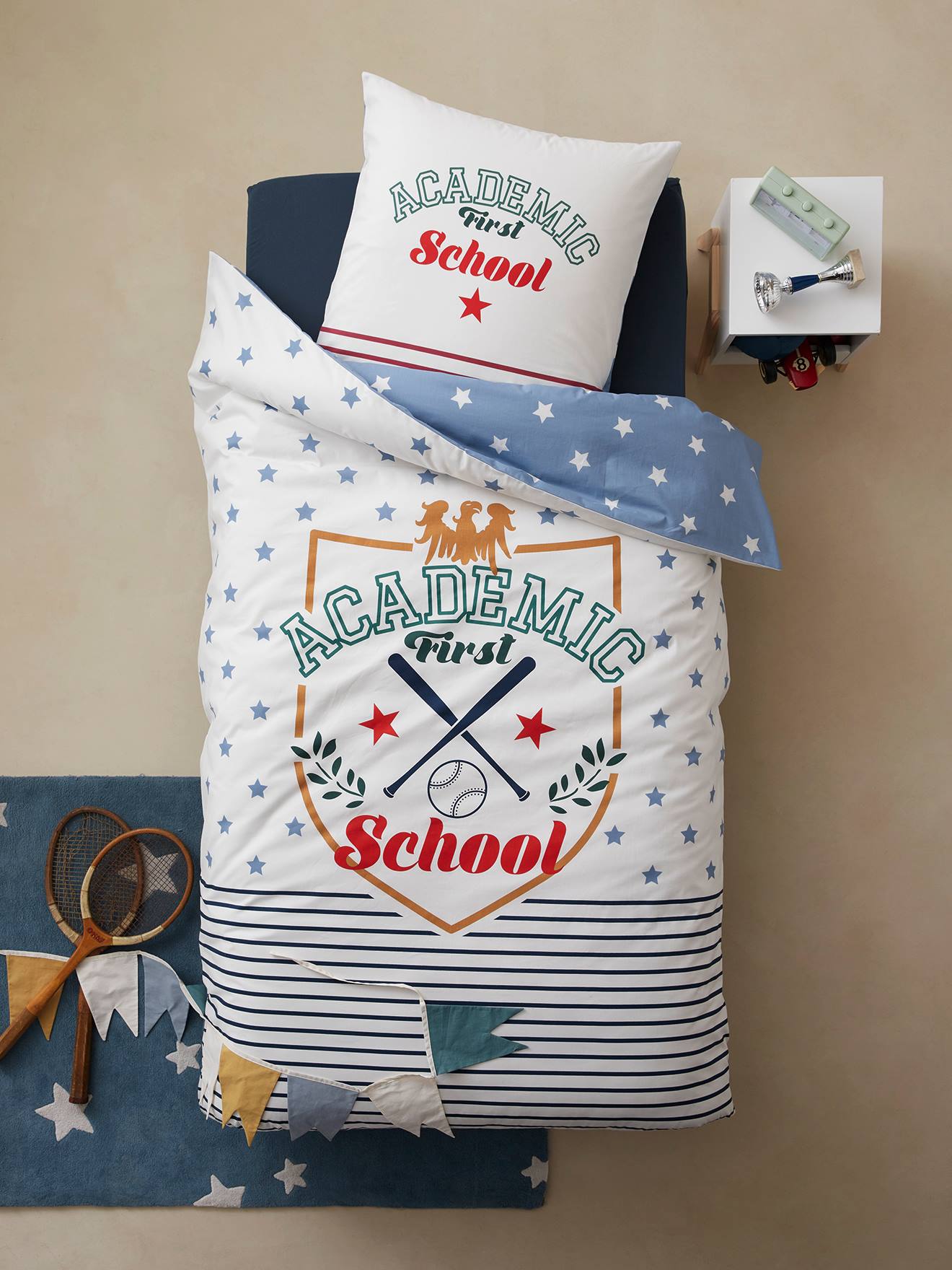 Parure housse de couette + taie d'oreiller enfant Academic écru