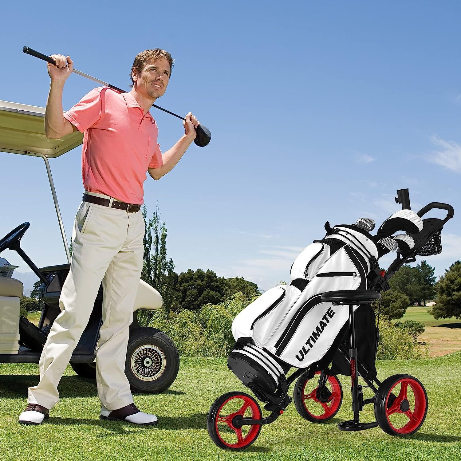 KOMFOTTEU Golftrolley Golfwagen, 3-Rad Trolley, mit abnehmbarem Sitz
