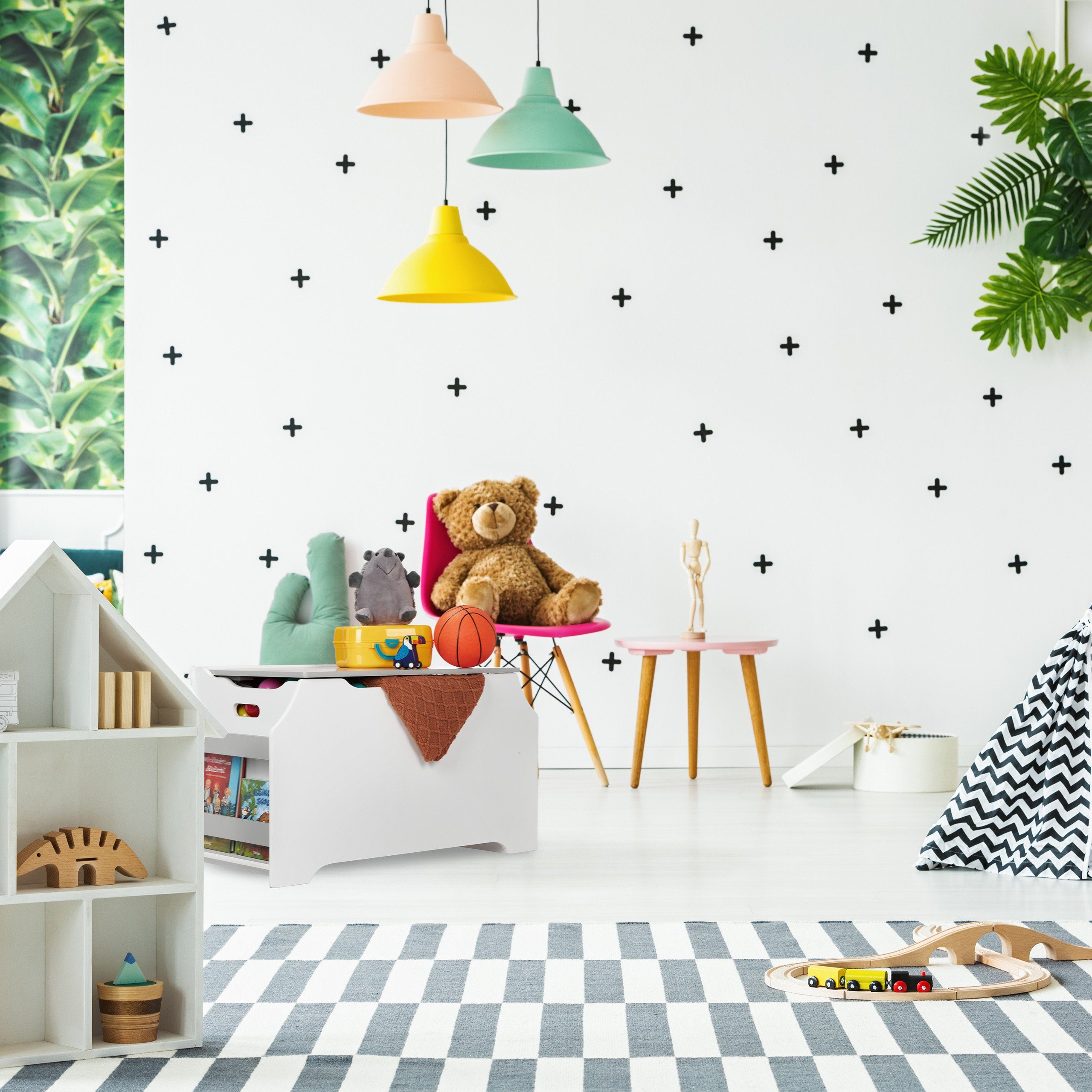 relaxdays Spielzeugtruhe Spielzeugtruhe mit Bücherfächern