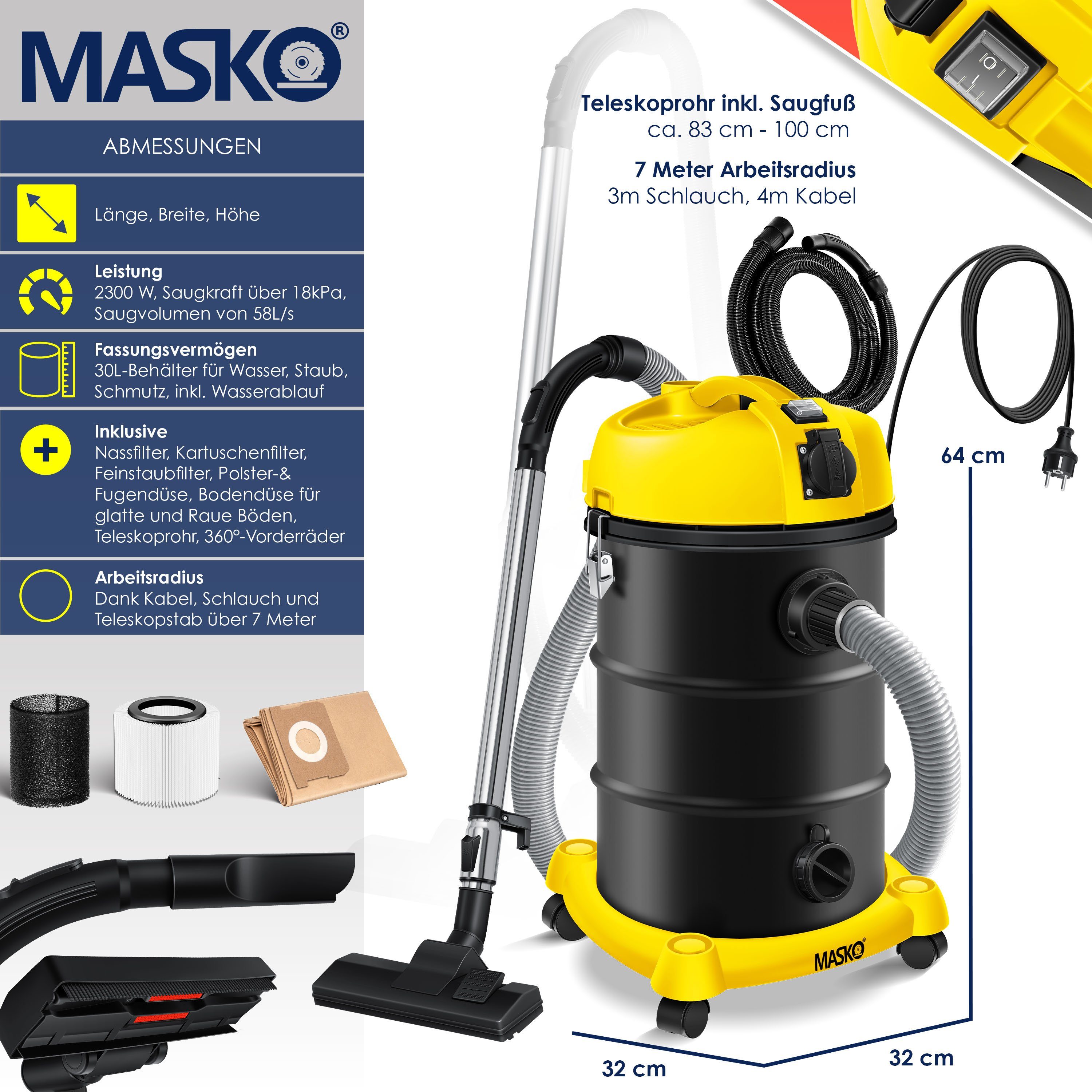 MASKO Industriesauger, 2300 W, 6IN1 Industriestaubsauger Staubsauger Nass Trocken Sauger