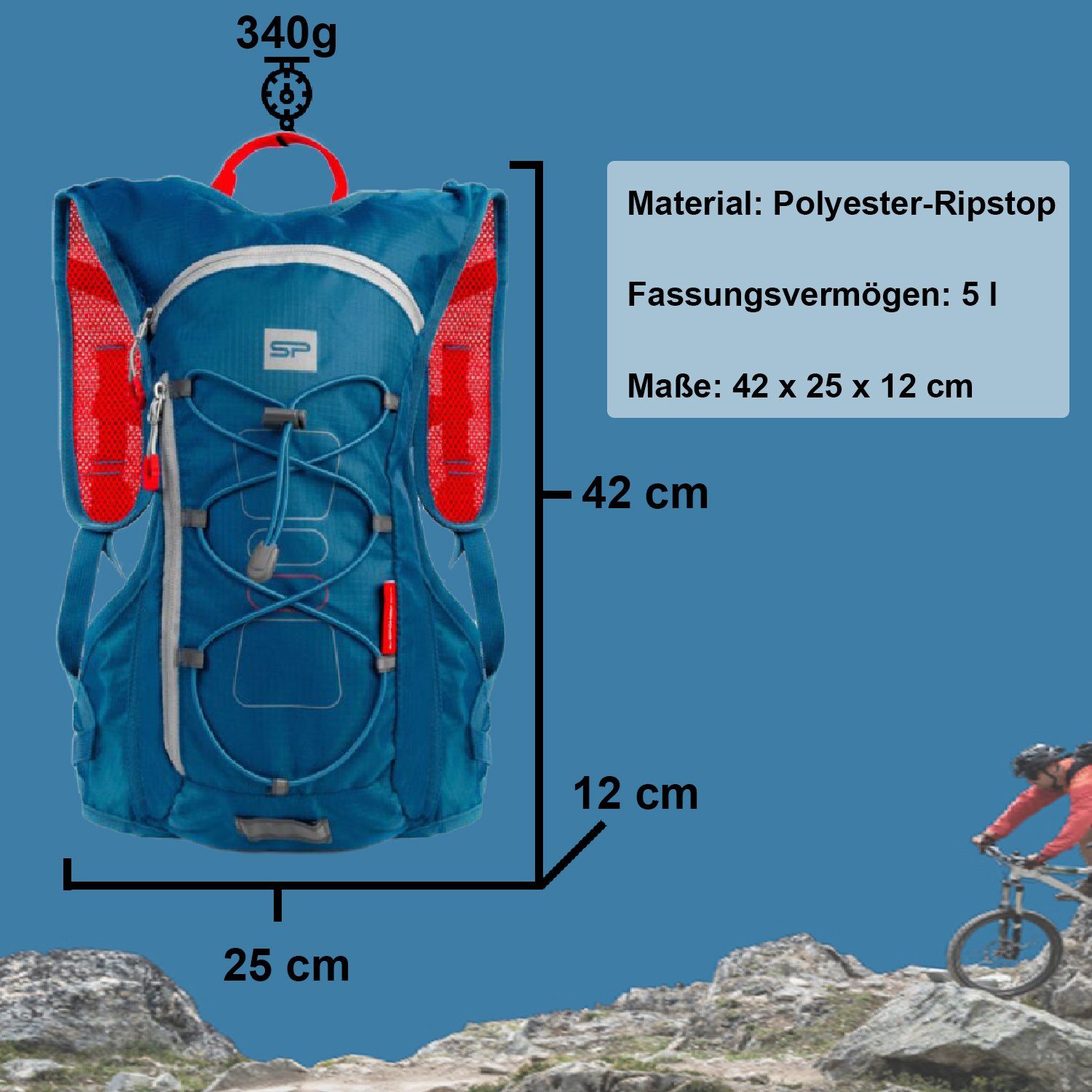 Spokey Fahrradrucksack Spokey 5 Liter Fahrradrucksack Fuji, reflektierende Elemente, Trinkblasenvorrichtung