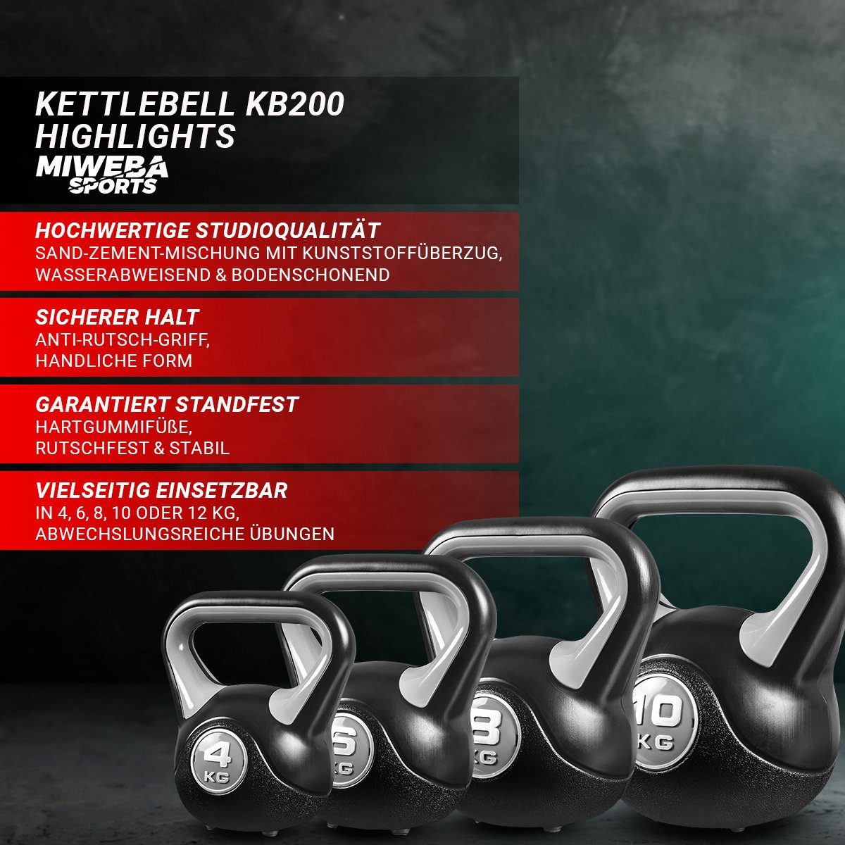 Miweba Sports Kettlebell Kettlebell KB200 - verschiedene Varianten, (Anti-Rutsch-Griff - Hartgummifüße - wasserabweisend - geräuscharm - hochwertige Sand-Zement-Mischung - Profi Fitness Schwunghantel Indoor & Outdoor Workout Ganzkörpertraining Kugelg