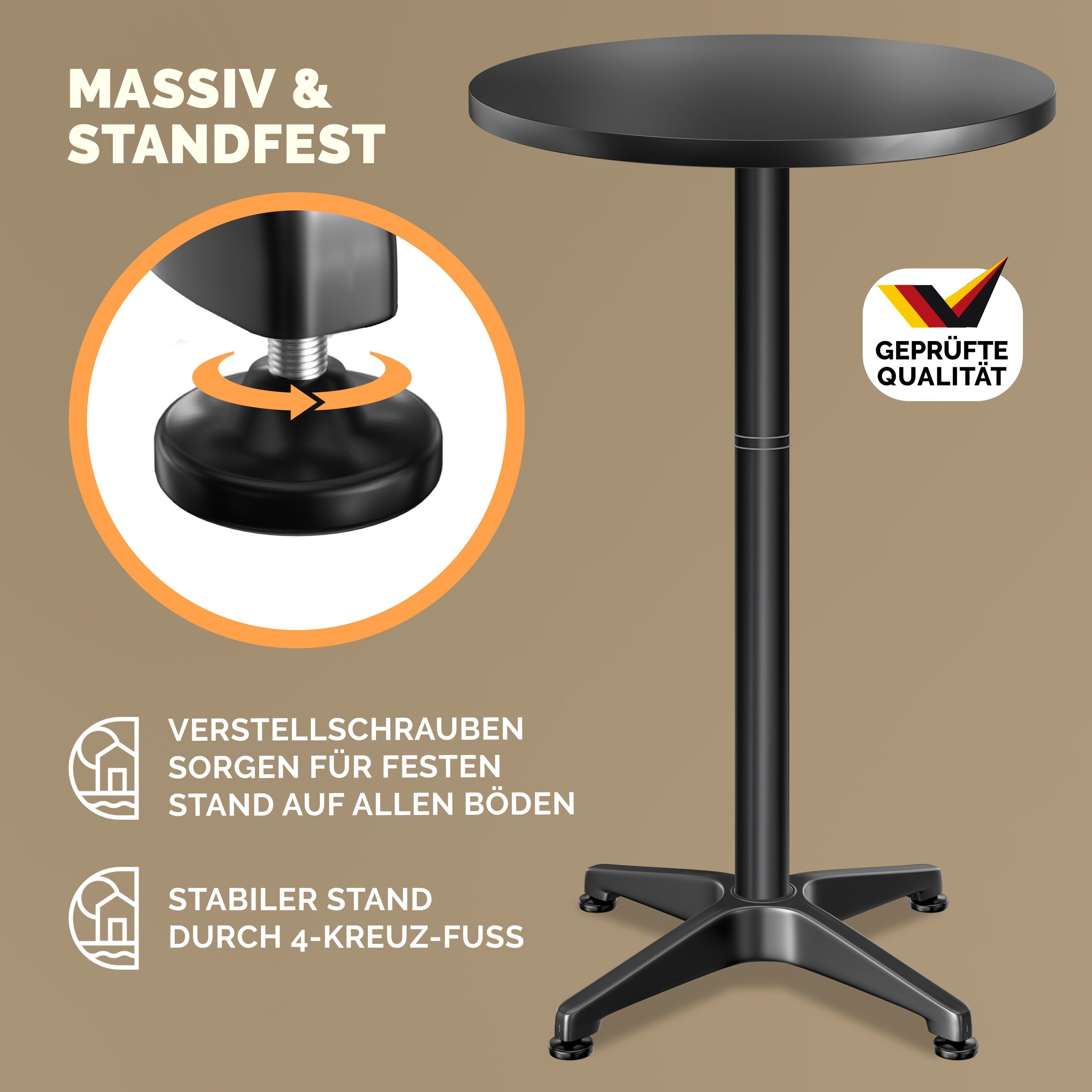 Casaria Stehtisch, Höhenverstellbar 70cm/115cm Hoch Alu Rund Ø60cm Bistrotisch Wetterfest