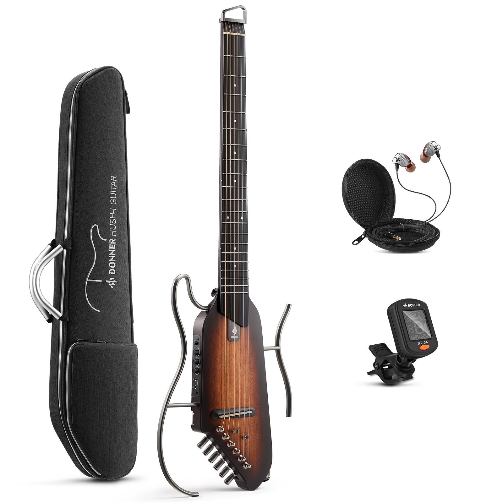 Donner Gitalele HUSH-I Elektroakustische Gitarre Kopflos Tragbar Gitarre zum Reisen, Kopflos, Set, tragbar In jeder Zeit spielen Lärmminderung