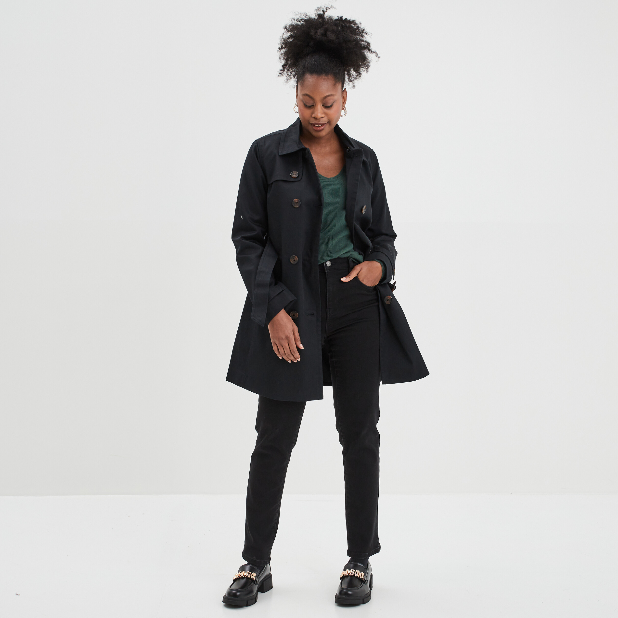 Trench mi-long ceinturé ajusté noir femme | La Halle