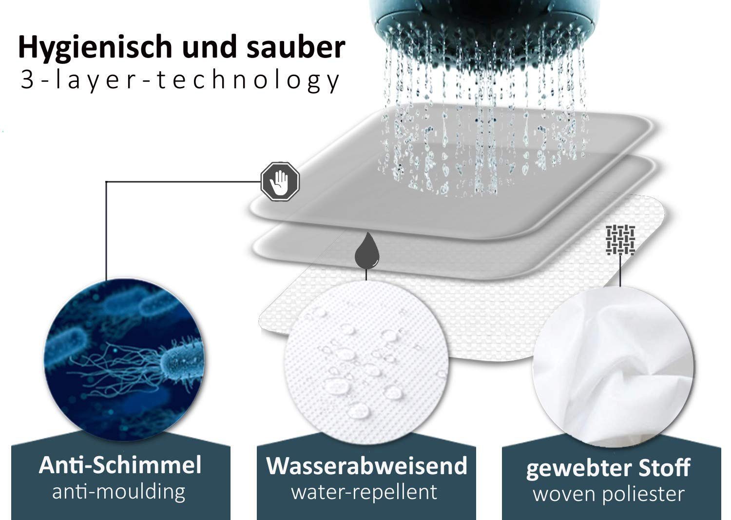 Arteneur Duschvorhang Breite 150 cm, Anti-Schimmel Beschichtet, Beschwerter Saum, Waschbar 40°C