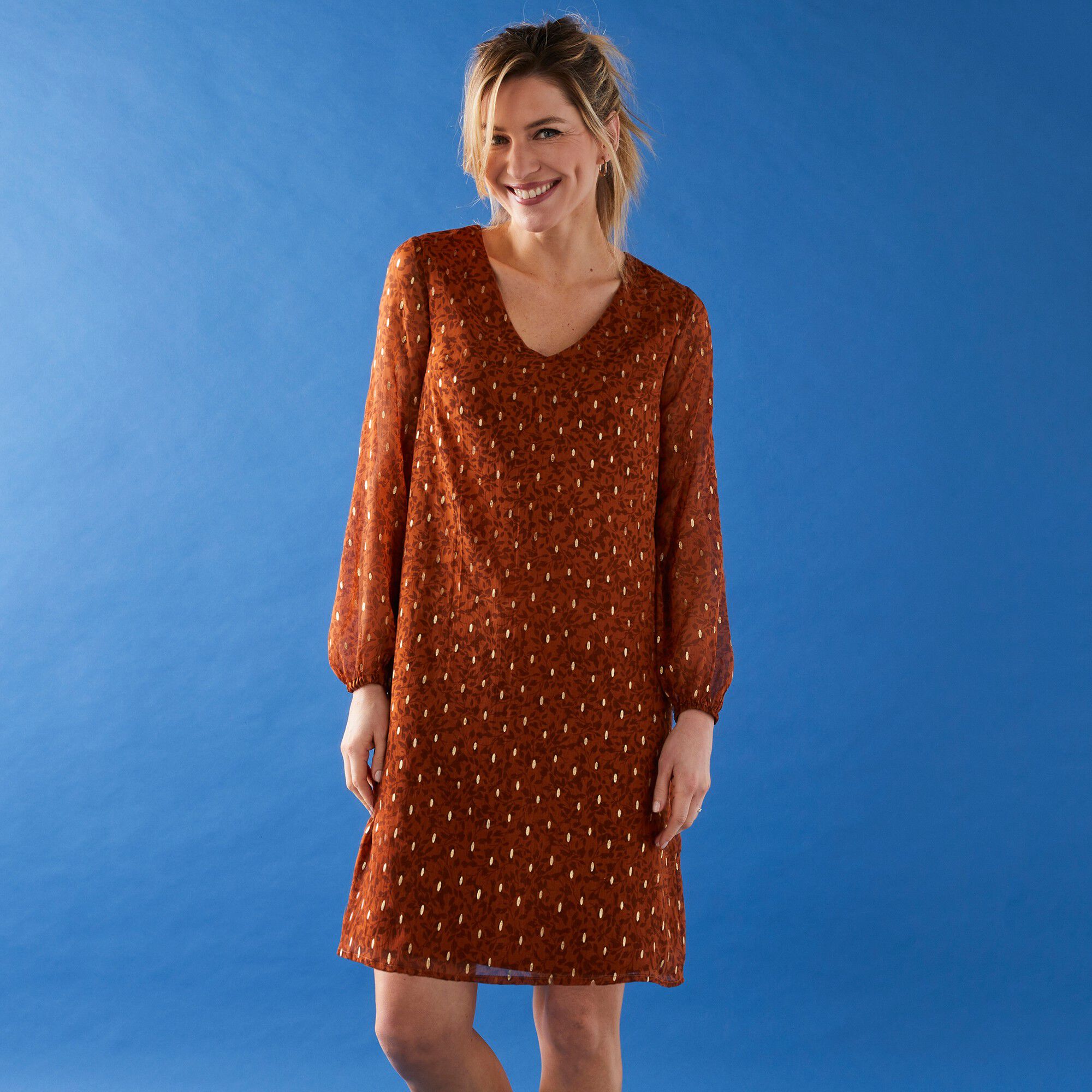 Robe évasée voile imprimé doré
