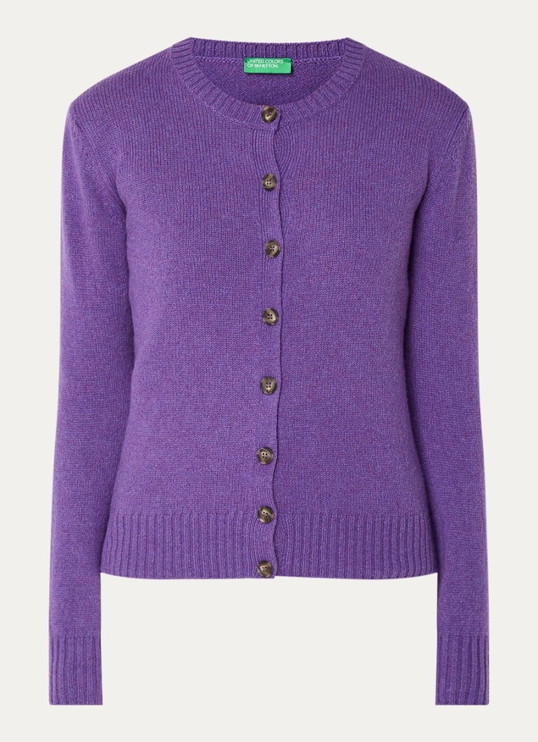Cardigan Benetton cu guler rotund, confecționat din lână fină.