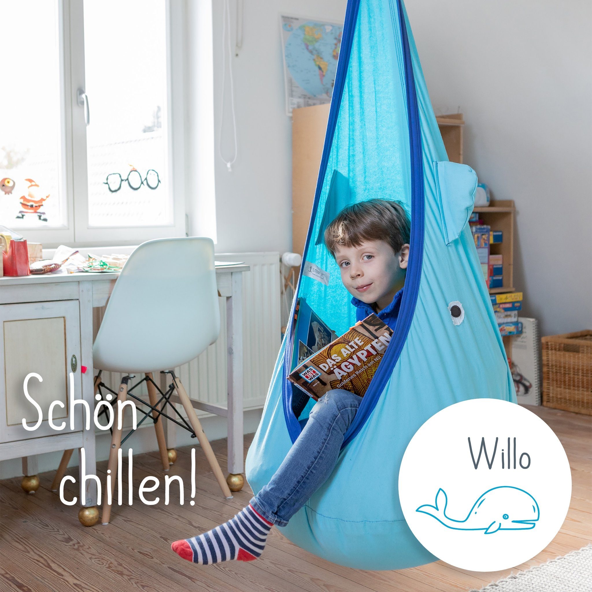 snuutje Familiensachen Hängehöhle Hängesessel für Kinderzimmer indoor (2 Sitzkissen), Hängehöhle ab 3 Jahre, Wal, Pinguin, Einhorn, 100% Baumwolle, bis 80kg