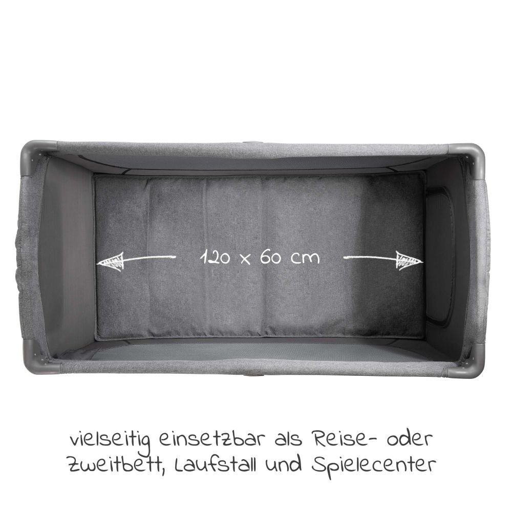 Hauck Baby-Reisebett Play'n Relax Center - Melange Charcoal, 7-tlg., Kinderreisebett mit Matratze, Insektenschutz, Wickelauflage - faltbar