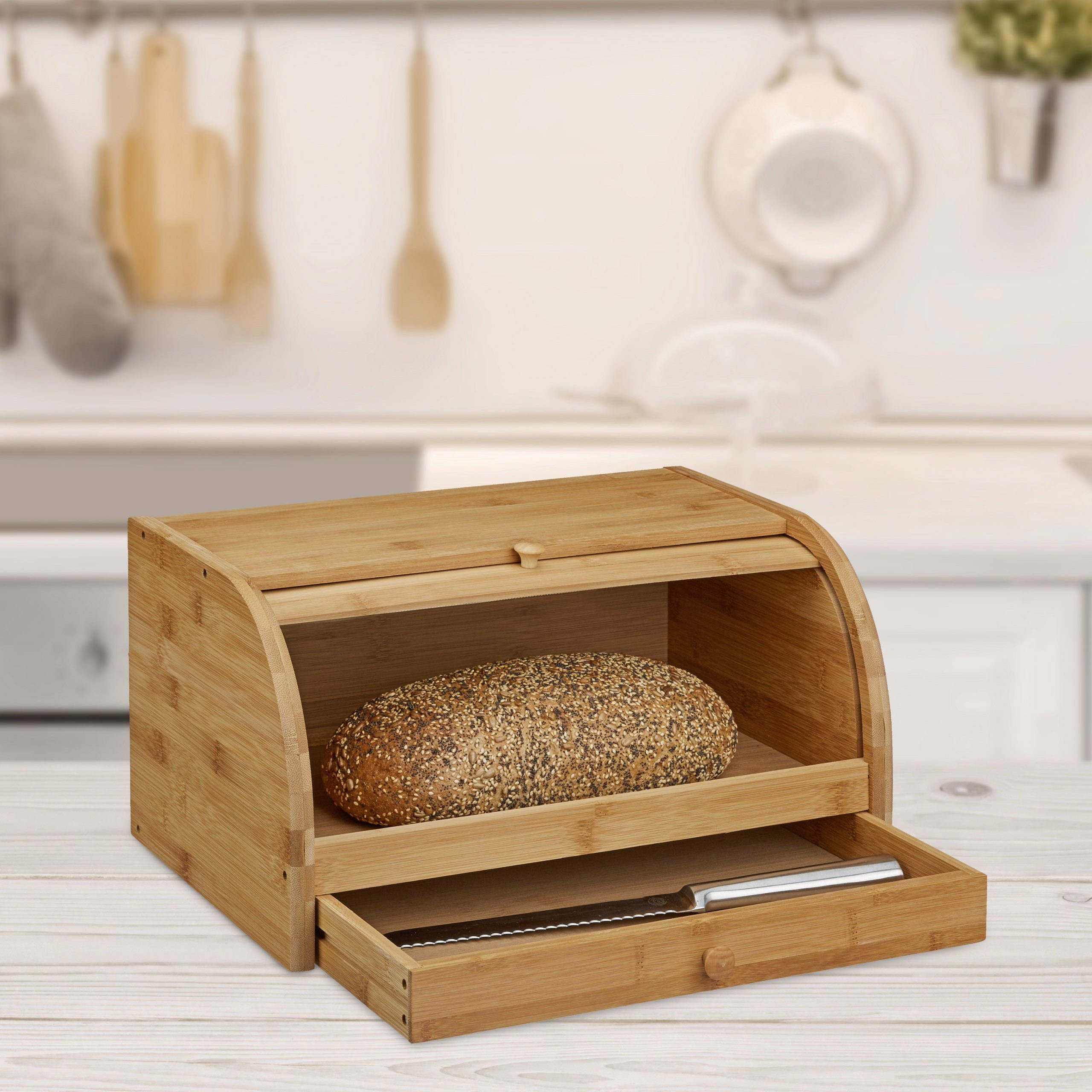 relaxdays Brotkasten Rollbrotkasten mit Schublade Bambus, Bambus