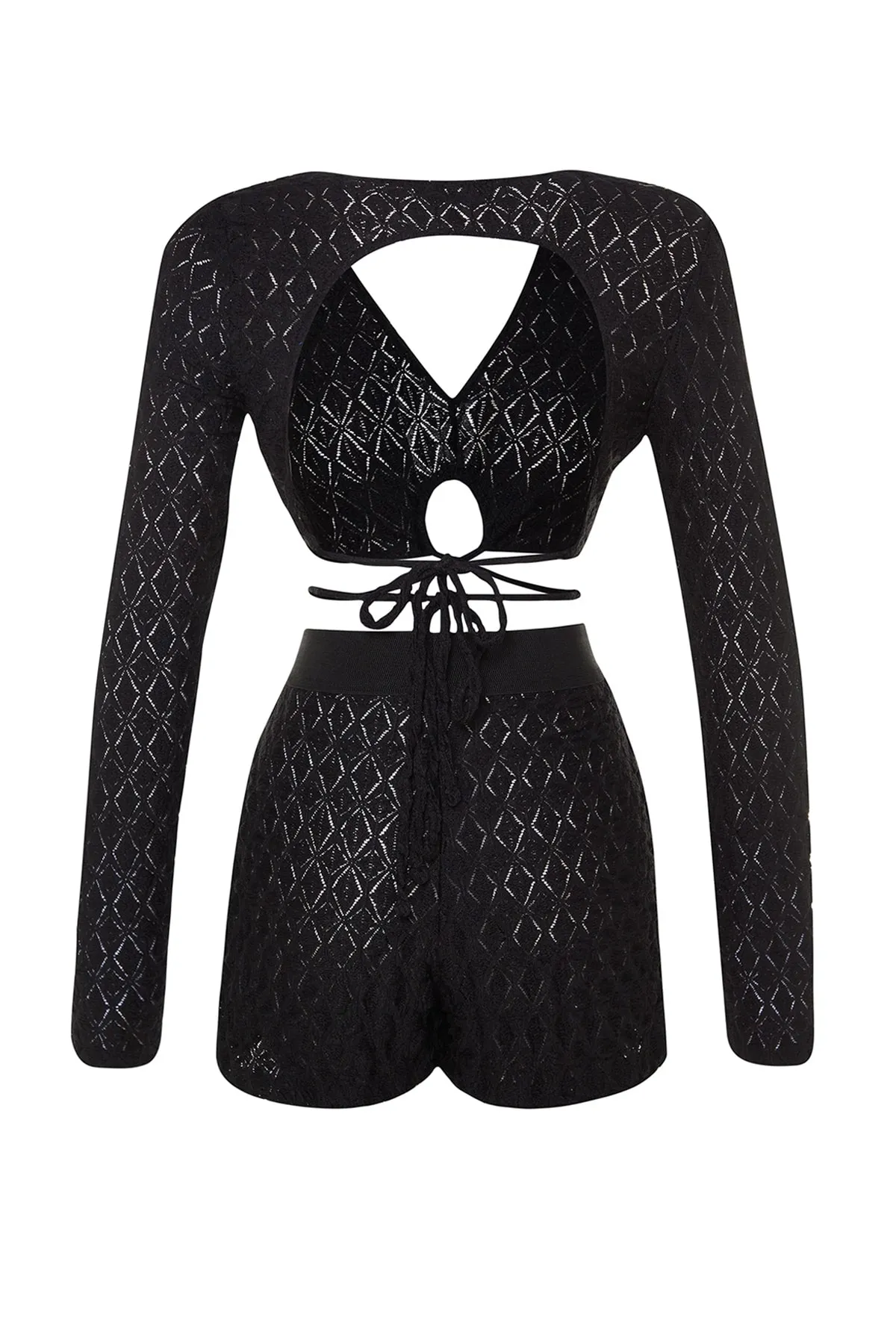 Trendyol Collection  Schwarzes Strick-Set mit Bluse und Shorts zum Binden TBESS23AU00106