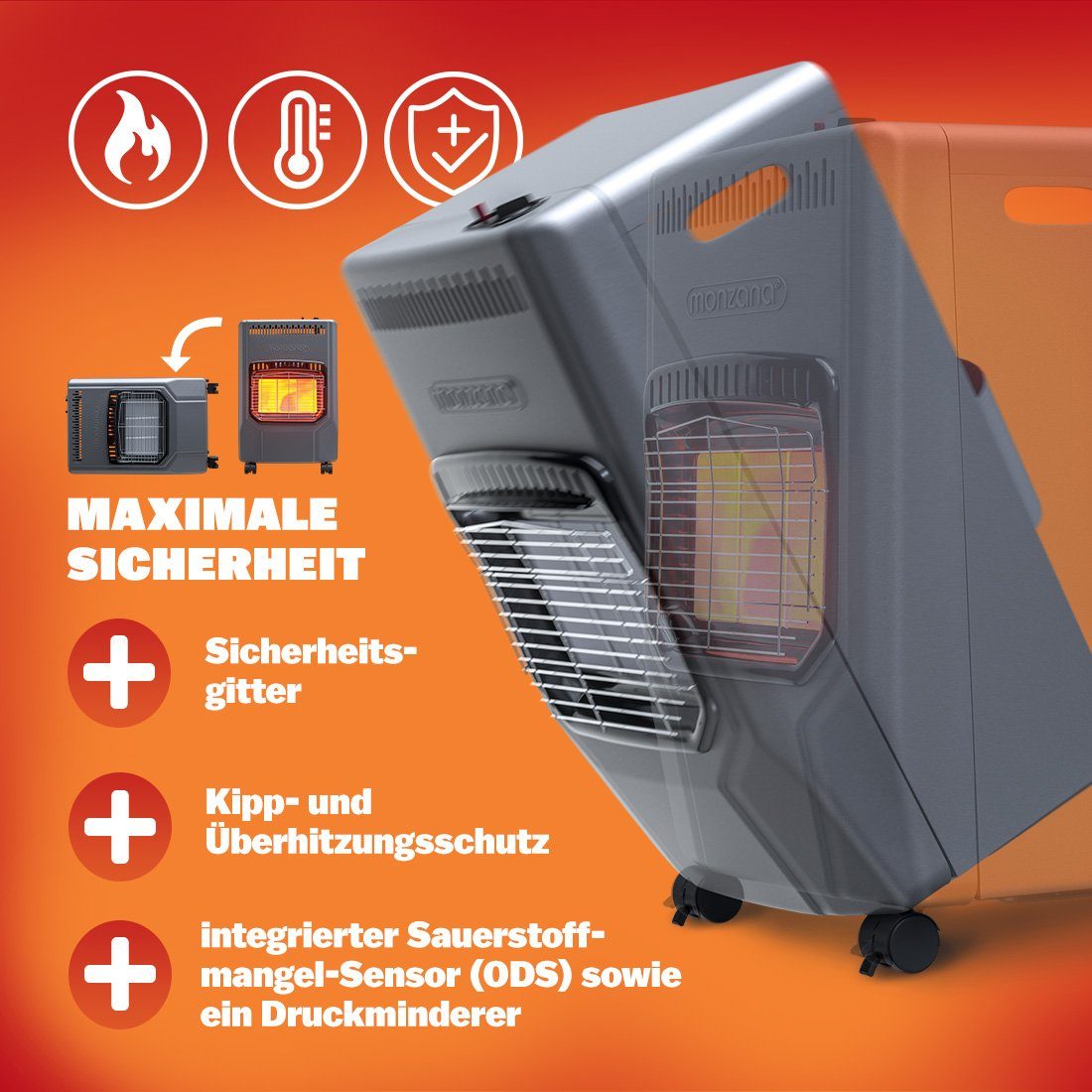 monzana Heizlüfter, Gasheizung 4200W Gasofen 3 Heizstufen 50cm Gasschlauch Heizlüfter