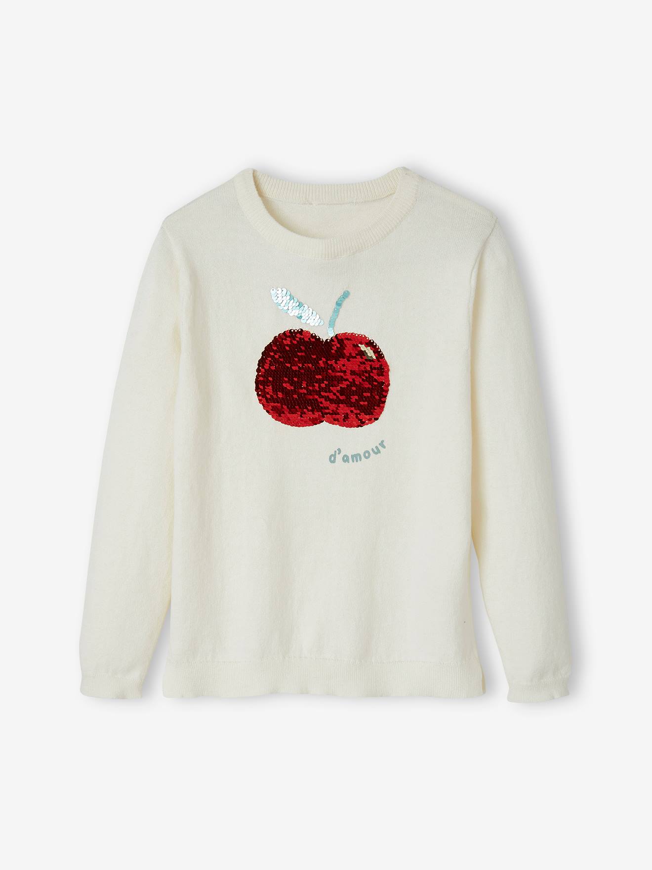 Pull fille motif en sequins réversibles écru