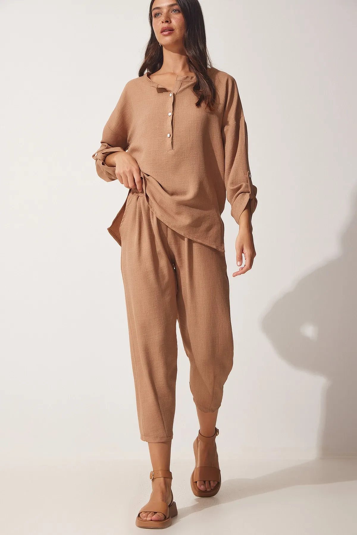 Happiness İstanbul  Damen Biscuit Fließende Ayrobin Bluse Baggy Hose Anzug DP00183