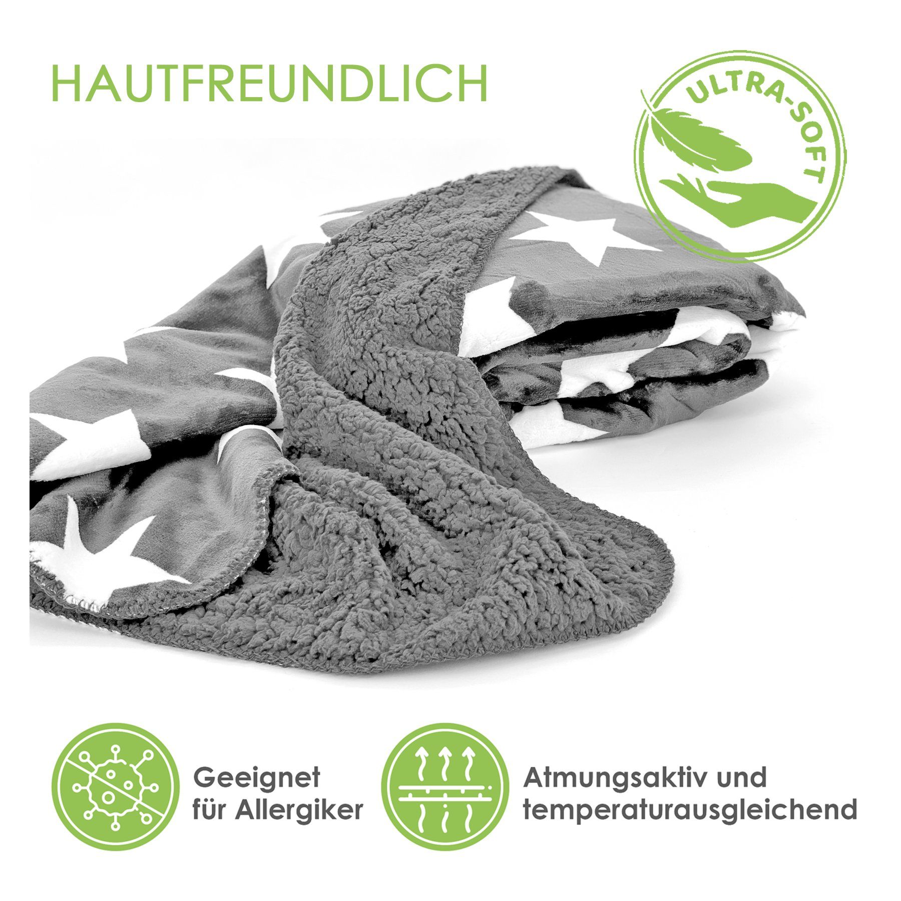 Wohndecke Dicke Soft Flanell Kuscheldecke Sterne Winterdecke, heimtexland, 150x200 I extra dick I warm I Sherpa Fell I kuschelig weich