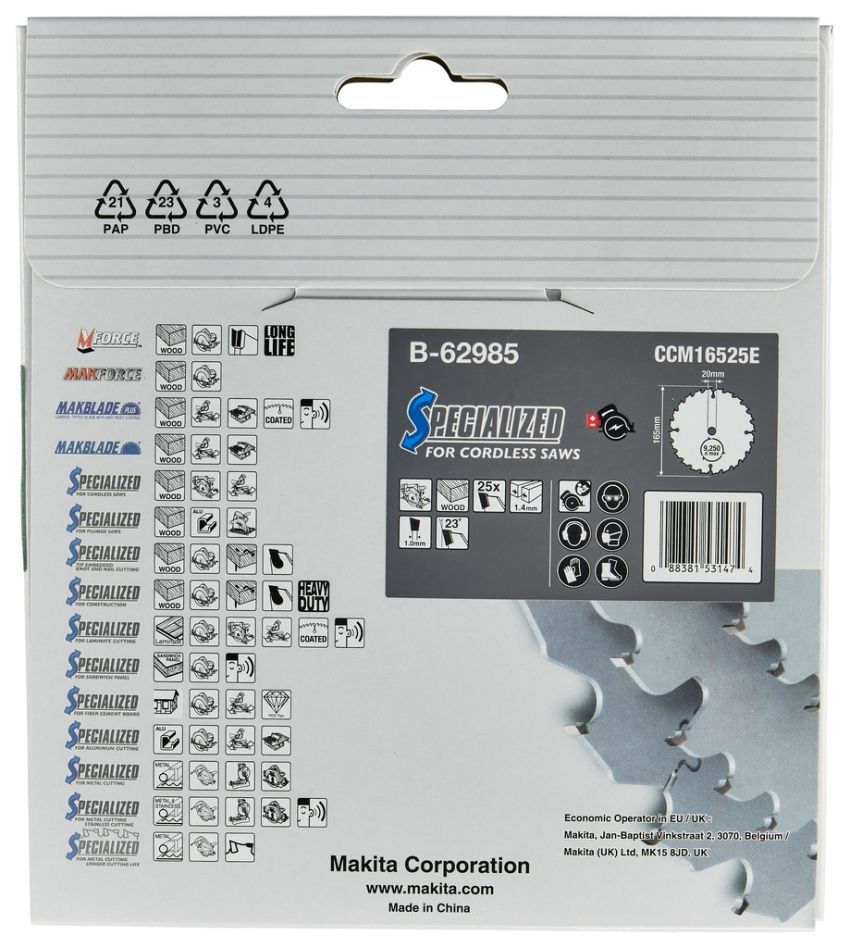 Accessoires Makita B-62985 Lame de scie circulaire spécialisée Makita 165 x 20 x 1,4 mm