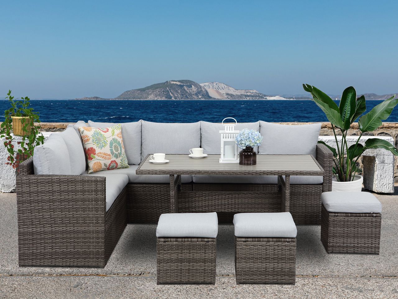 MeXo Lounge Set Polyrattan Gartenmöbel 7-teile für 6-9 Personen Garten & Balkon (grau & hellgrau)