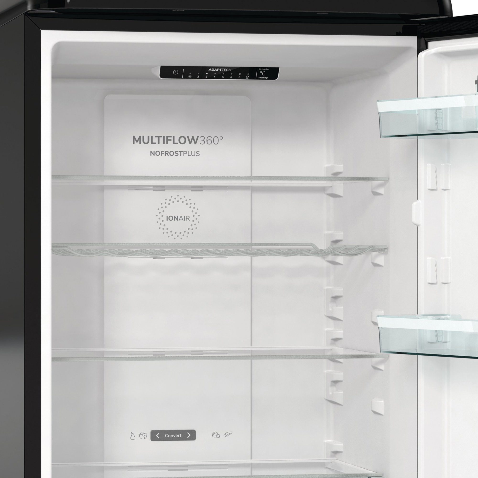 GORENJE Kühlschrank ONRK619EBK, 194 cm hoch, 60 cm breit, LED Display, NoFrostPlus, FastFreeze, IonAir und MultiFlow 360°