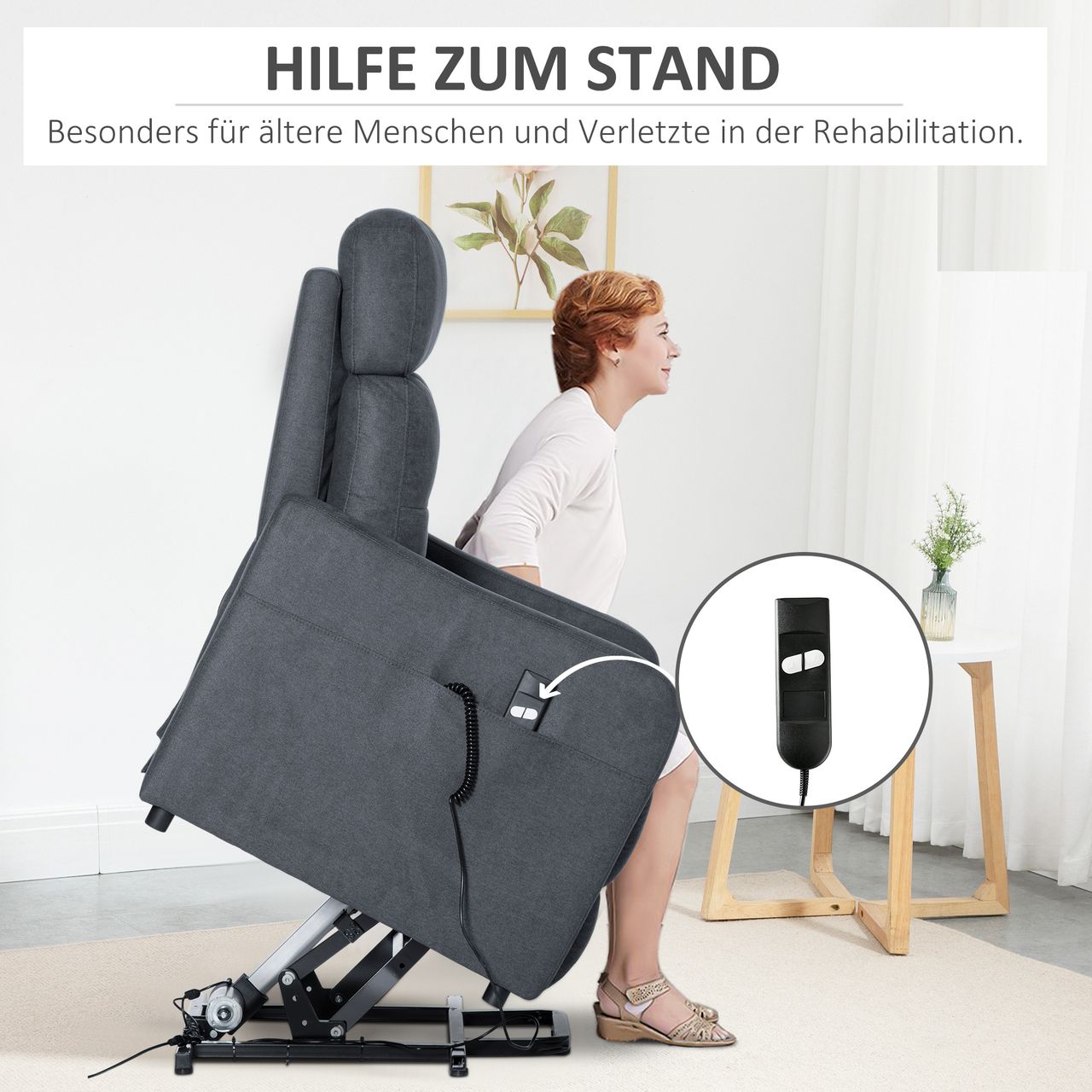 HOMCOM Elektrischer Relaxsessel Fernsehsessel Sessel mit Aufstehhilfe Relaxsessel mit liegefunktion mit Fernbedienung Polyesterstoff Stahl Grau 71 x 94 x104 cm