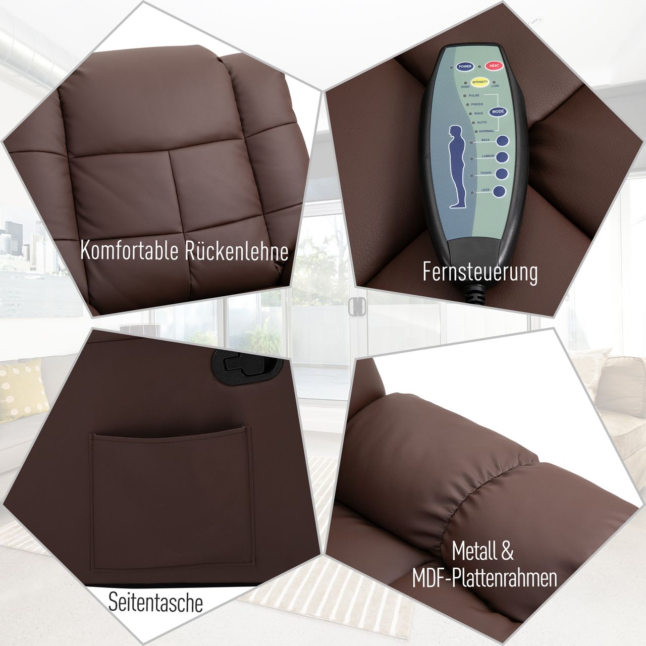 HOMCOM Massagesessel Fernsehsessel Elektrisch Relaxsessel mit Massagefunktion Kunstleder Holz Metall Schaumstoff Braun 94 x 99 x 99 cm