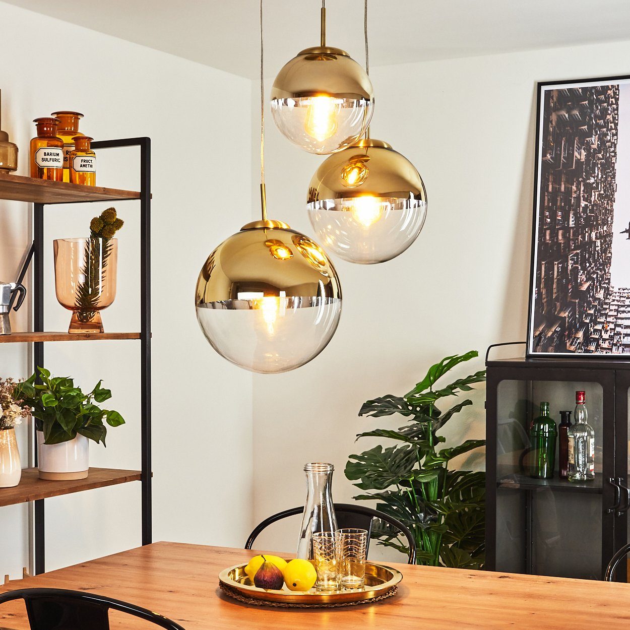 hofstein Hängeleuchte Arola 3-flammige Deckenlampe aus Metall in Gold, ohne Leuchtmittel, Moderner Look Pendellampe mit Glasschirm in Gold. 1xE27