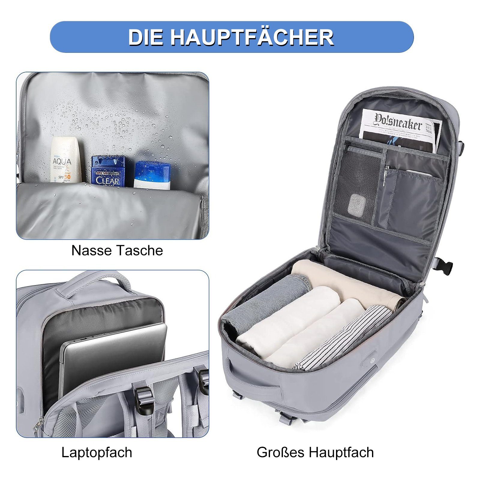 INTEBIKI Reiserucksack Lässiger Rucksack Damen und Herren (Reiserucksack wasserdicht groß mit USB-Lade-Anschluss für 15,6