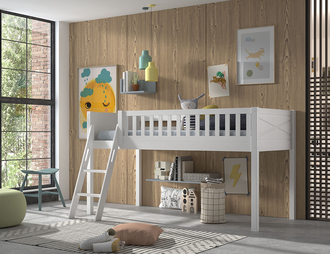VIPACK Spielbett SCOTT, LF 90 x 200 cm, mit Rolllattenrost und Leiter, Ausf. Kiefer massiv weiß lackiert