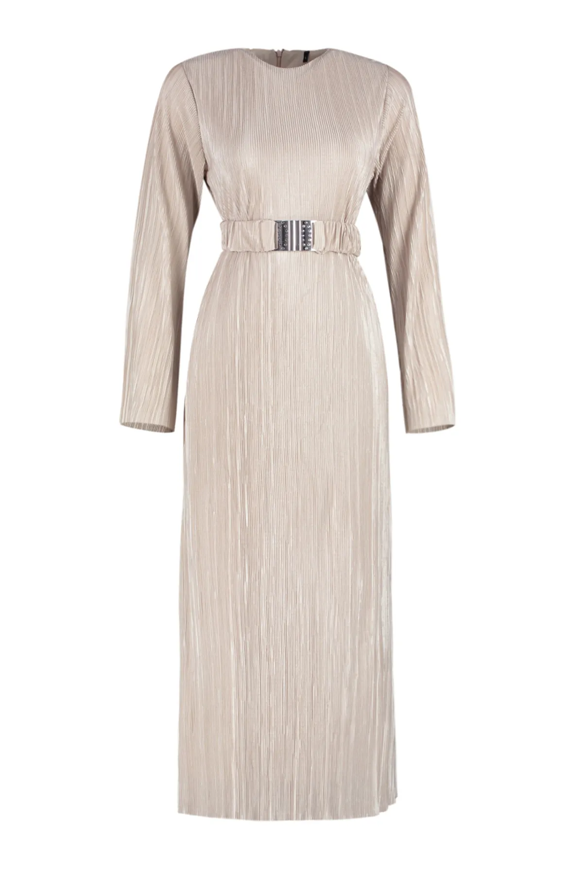 Trendyol Modest  Goldfarbenes, detailliertes Strickkleid mit Faltengürtel TCTSS24EB00154