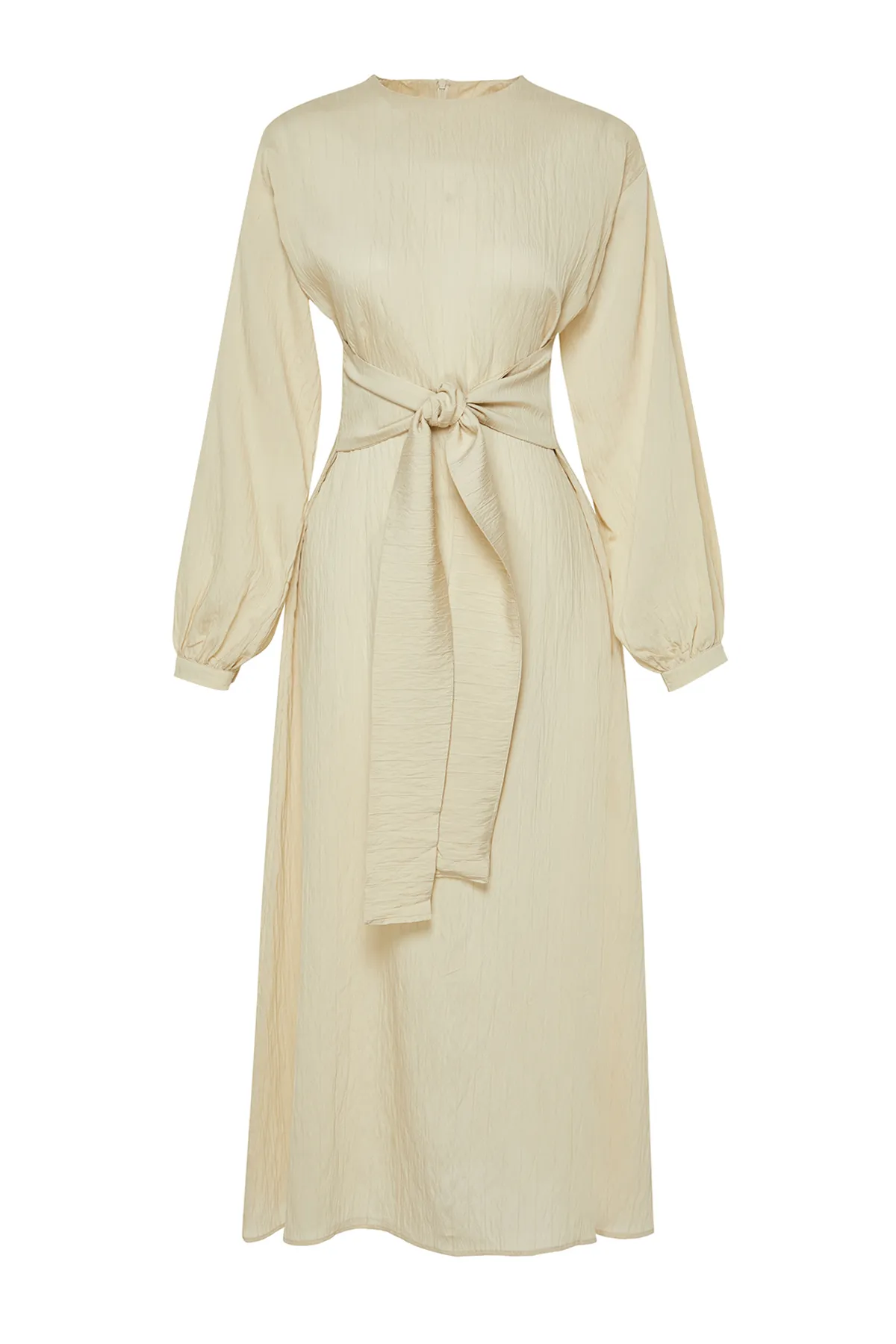 Trendyol Modest  Beigefarbenes Webkleid mit Bindeband vorne TCTSS24EB00131