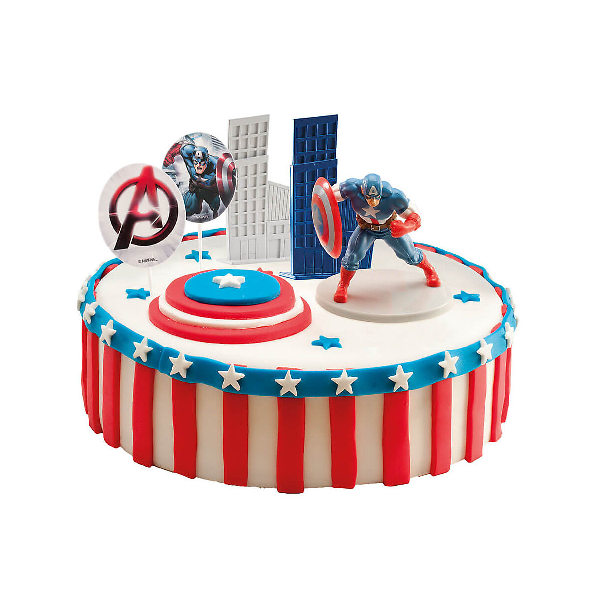 Tortendeko Set Captain America mit 2 Häusern und 2 Kerzen