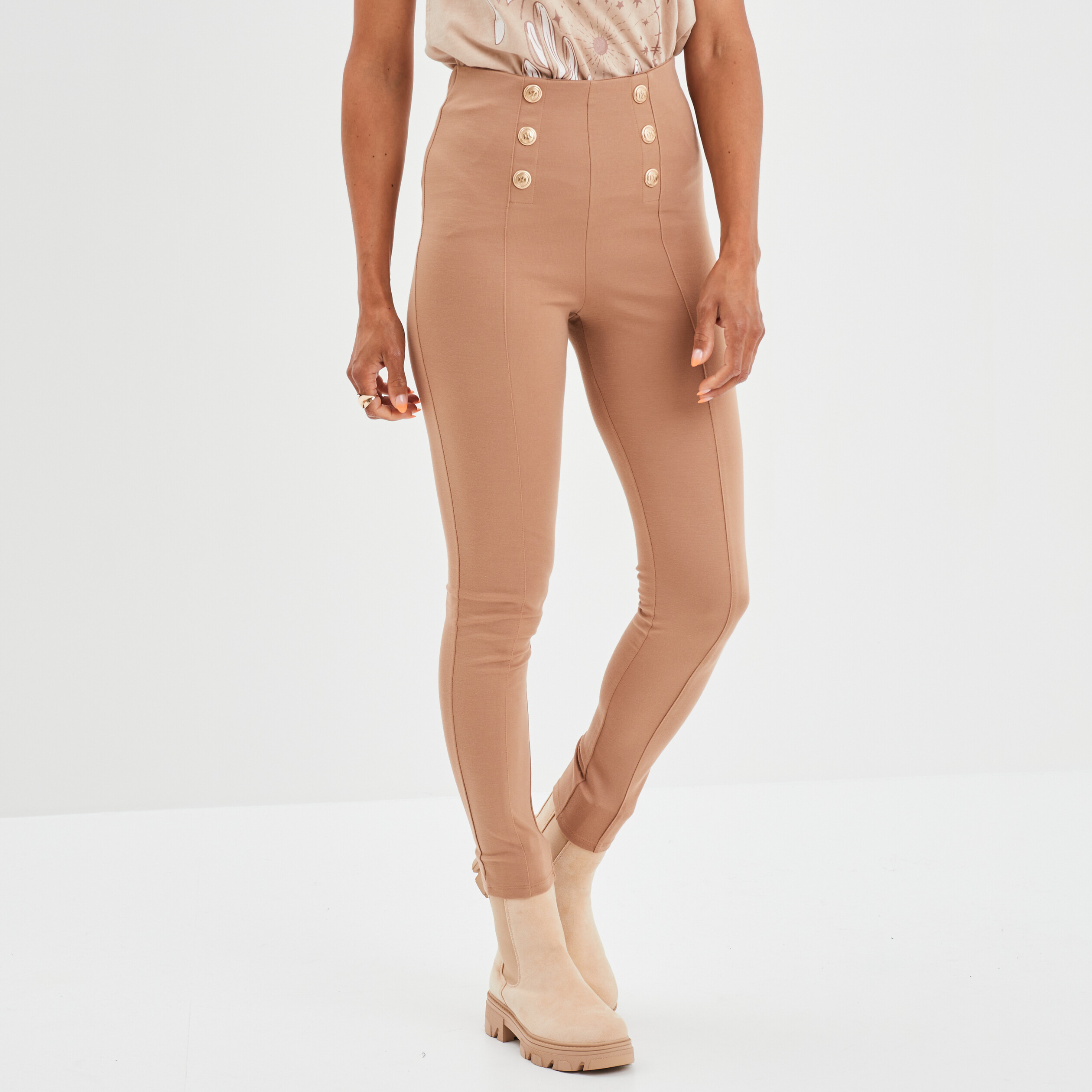 Pantalon tregging slim à ponts marron clair femme | La Halle