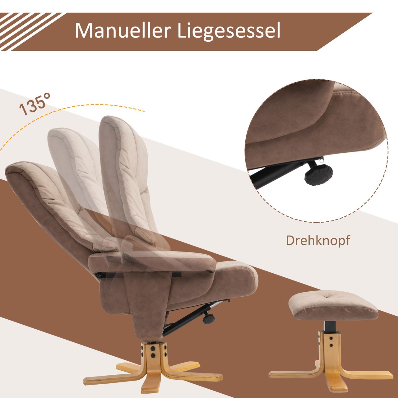 HOMCOM Relaxsessel mit Hocker, Fernsehsessel, Polstersessel mit Liegefunktion