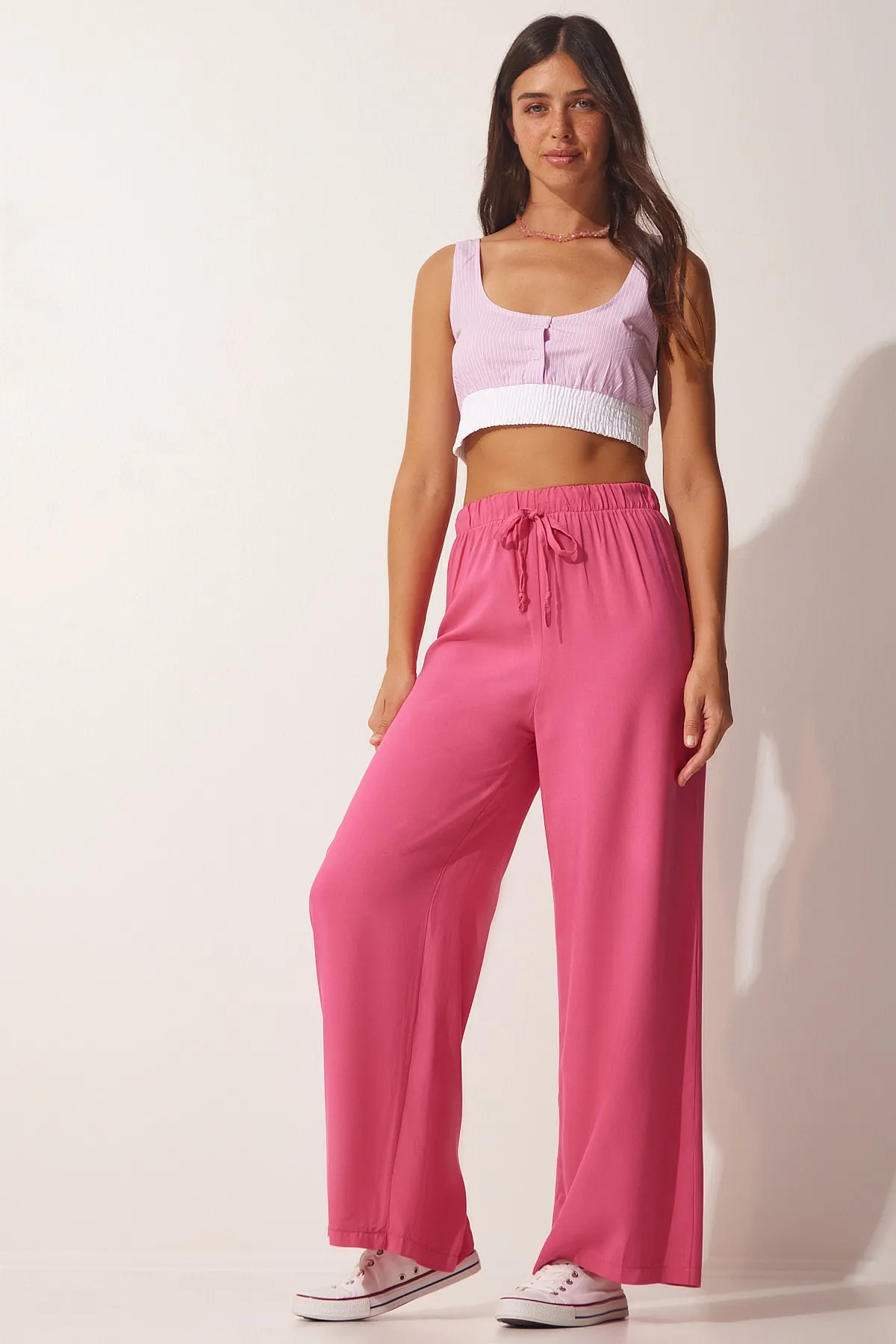 Happiness İstanbul  Rosafarbene Palazzo-Hose aus Baumwollviskose für Damen BV00076