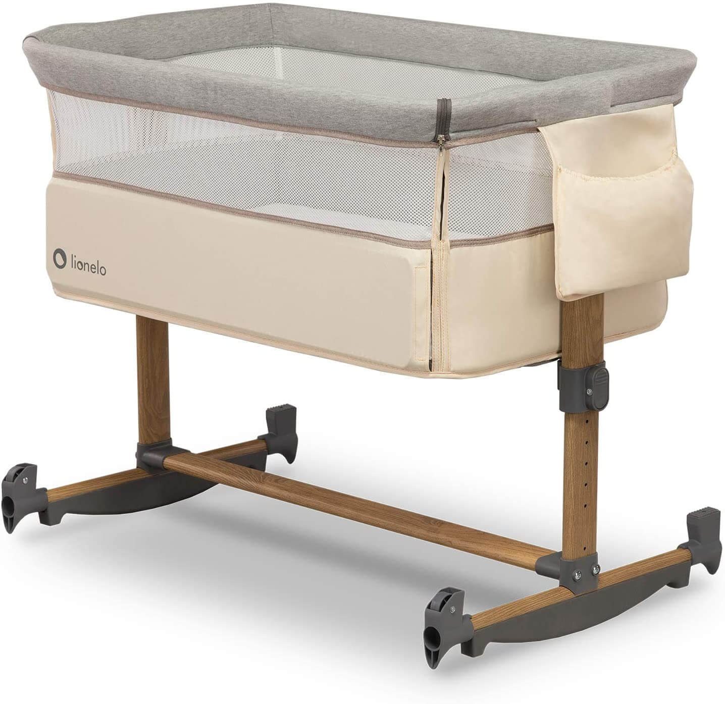 lionelo Kinderbett Leonie Beige Baby 3in1 Beistellbett Matratze Schaukelfunktion, 5-stufige Höhenverstellung, Neigungsverstellung, feststellbare Räder, Wiegefunktion durch umklappbare Beinenden