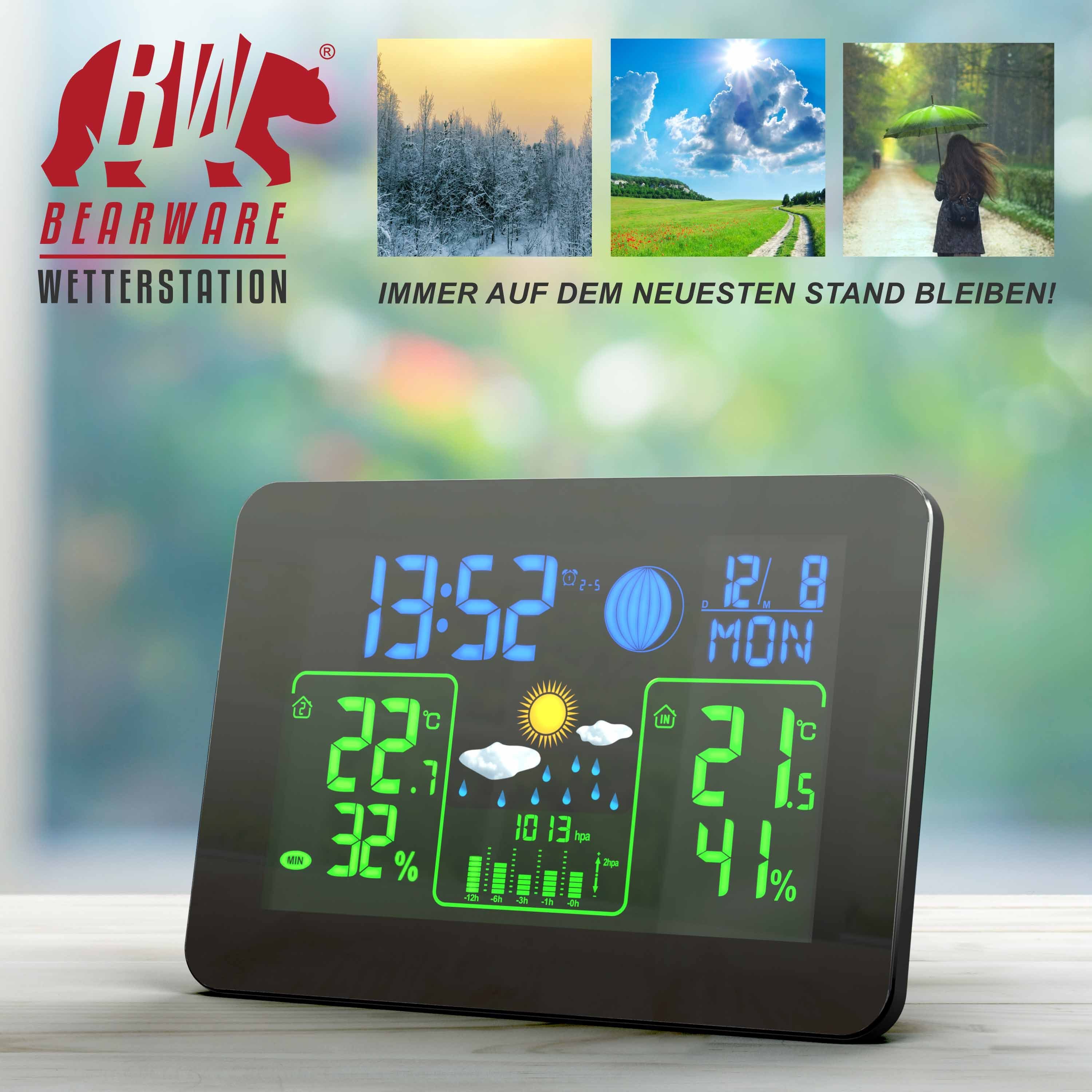 BEARWARE Wetterstation (mit Außensensor, Funk mit Farb Display & Außensensor Barometer, Wettervorhersage uvm)