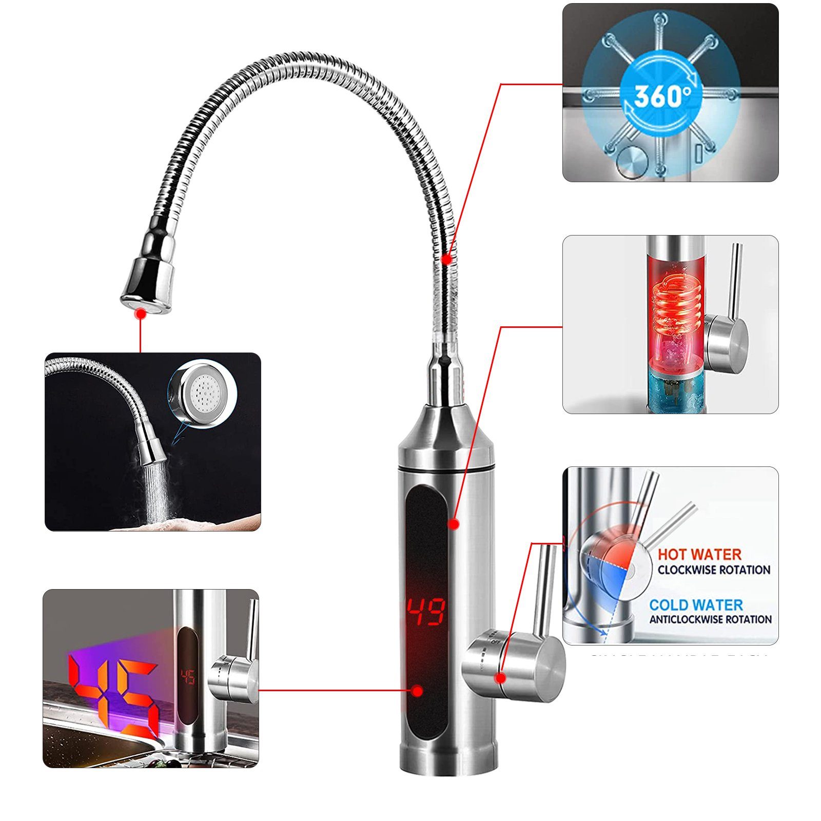 TWSOUL Durchlauferhitzer 3000W Elektrisch Wasserhahn mit Durchlauferhitzer, 30,00 °C, max 60,00 °C