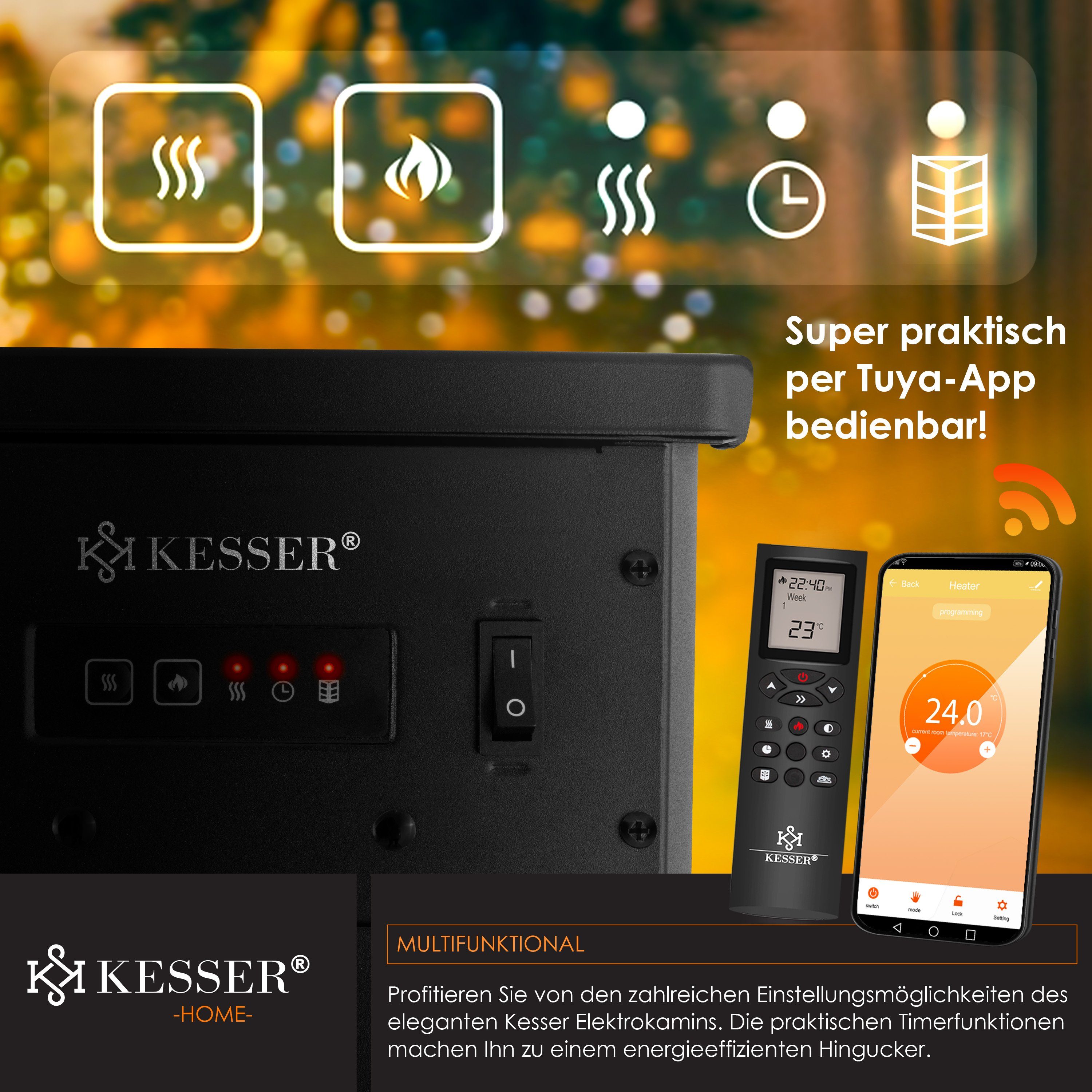 KESSER Elektrokamin, Prio Elektrokamin mit Heizung Heizlüfter Fernbedienung WiFi